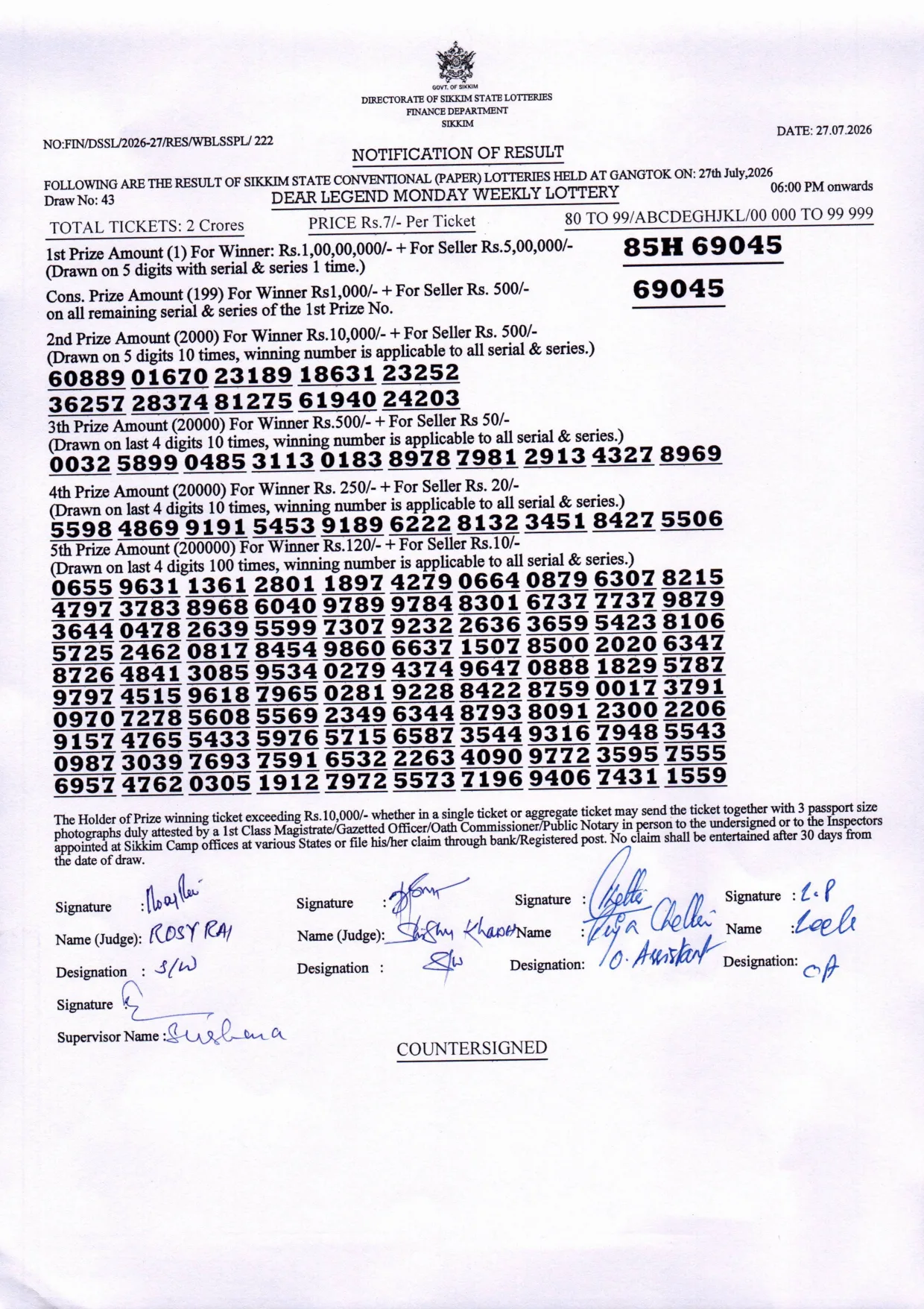 Dear Lottery result 6PM 27.07.2026