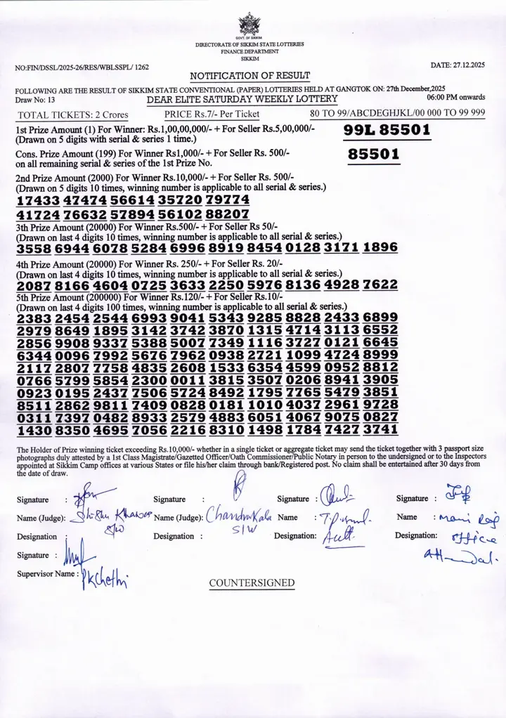 Dear Lottery result 6PM 27.12.2025