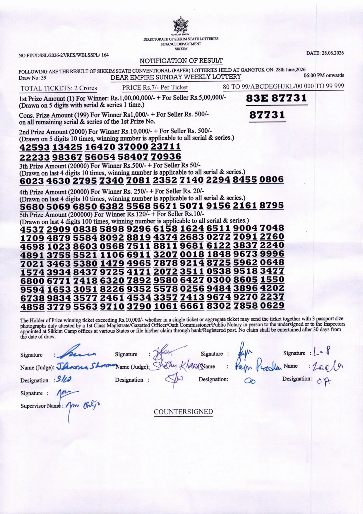 Dear Lottery result 6PM 28.06.2026