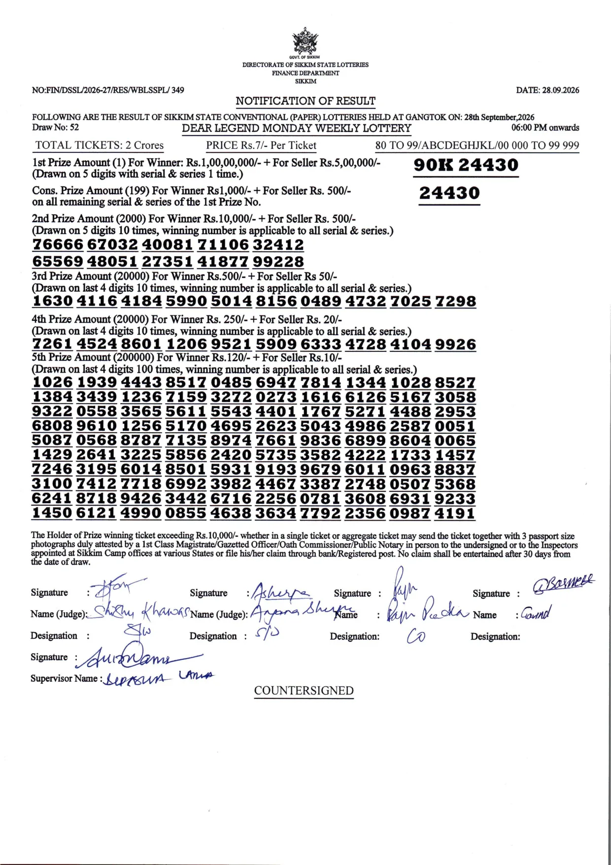 Dear Lottery result 6PM 28.09.2026