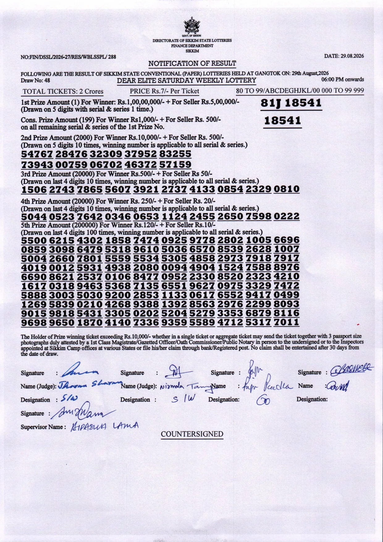 Dear Lottery result 6PM 29.08.2026