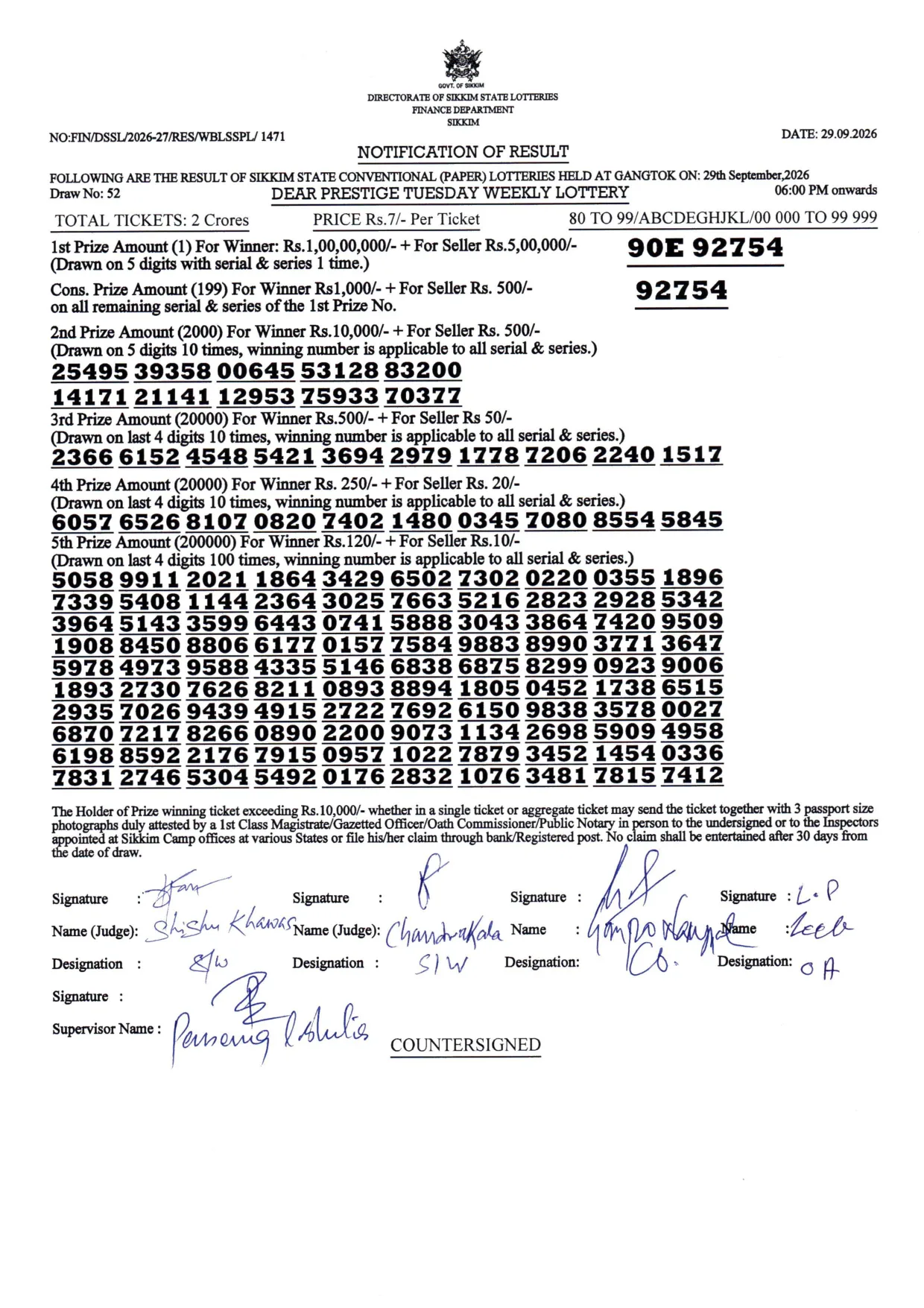 Dear Lottery result 6PM 29.09.2026