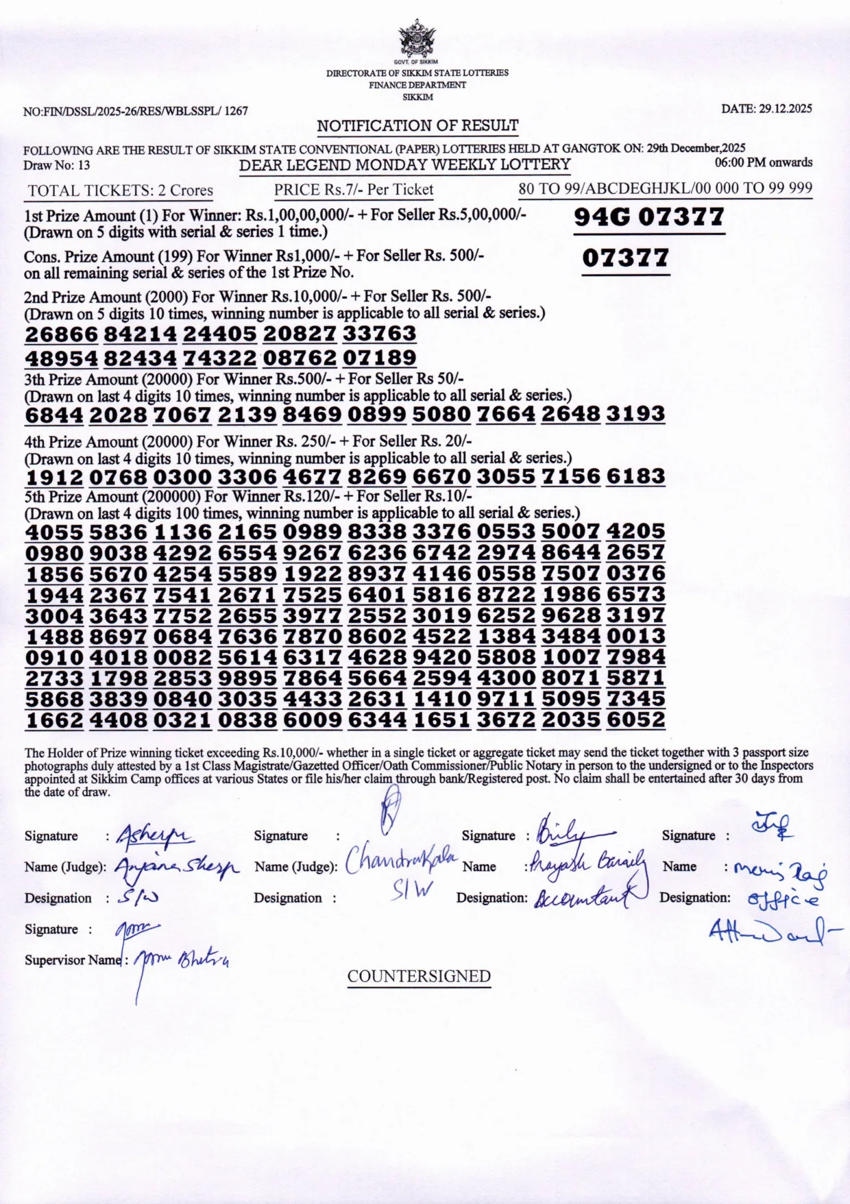 Dear Lottery result 6PM 29.12.2025
