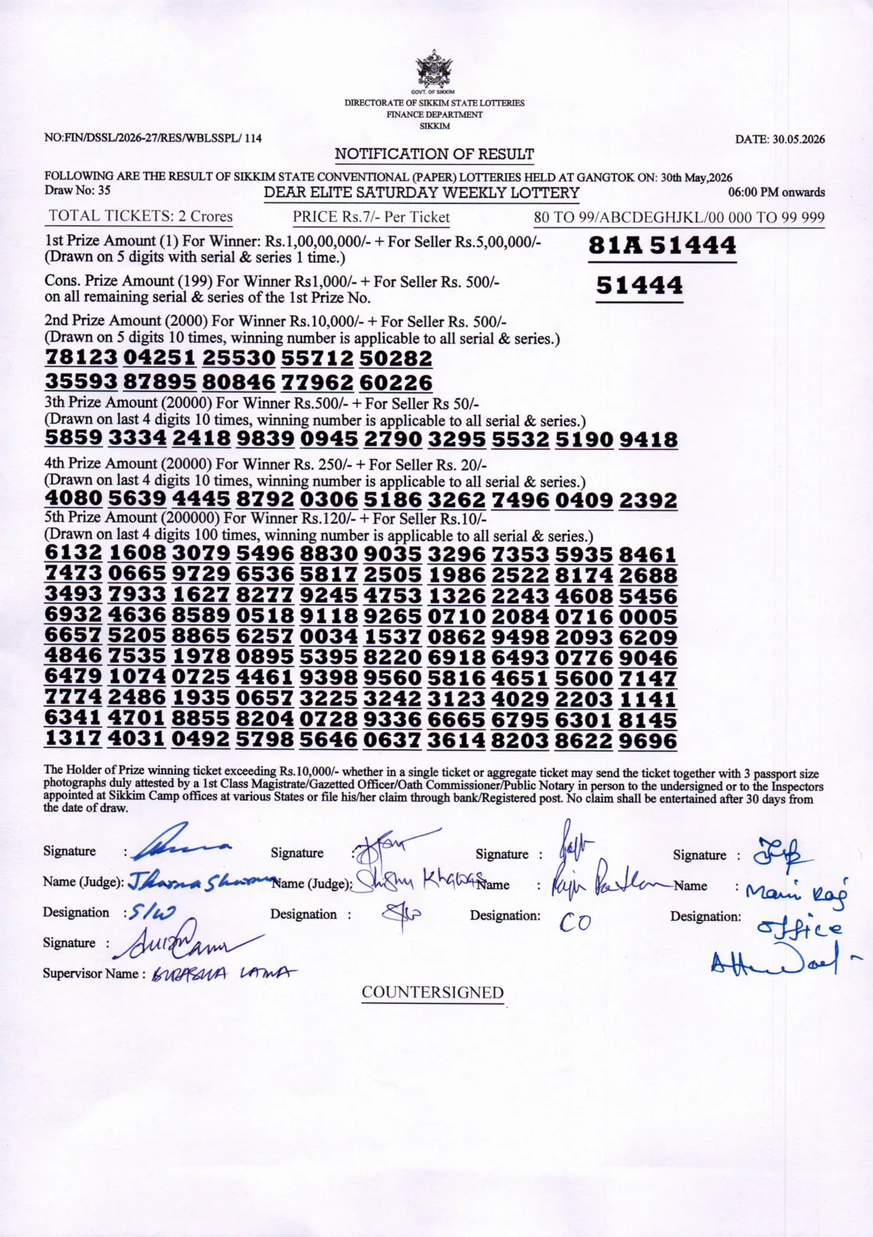 Dear Lottery result 6PM 30.05.2026
