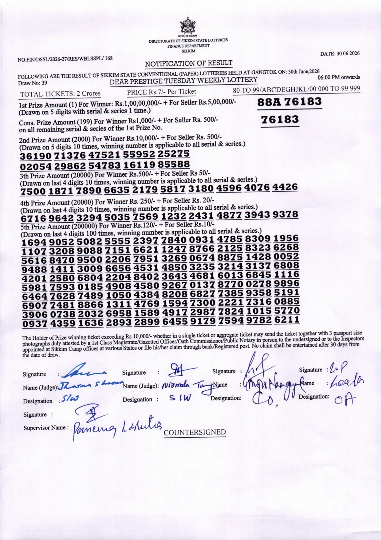 Dear Lottery result 6PM 30.06.2026