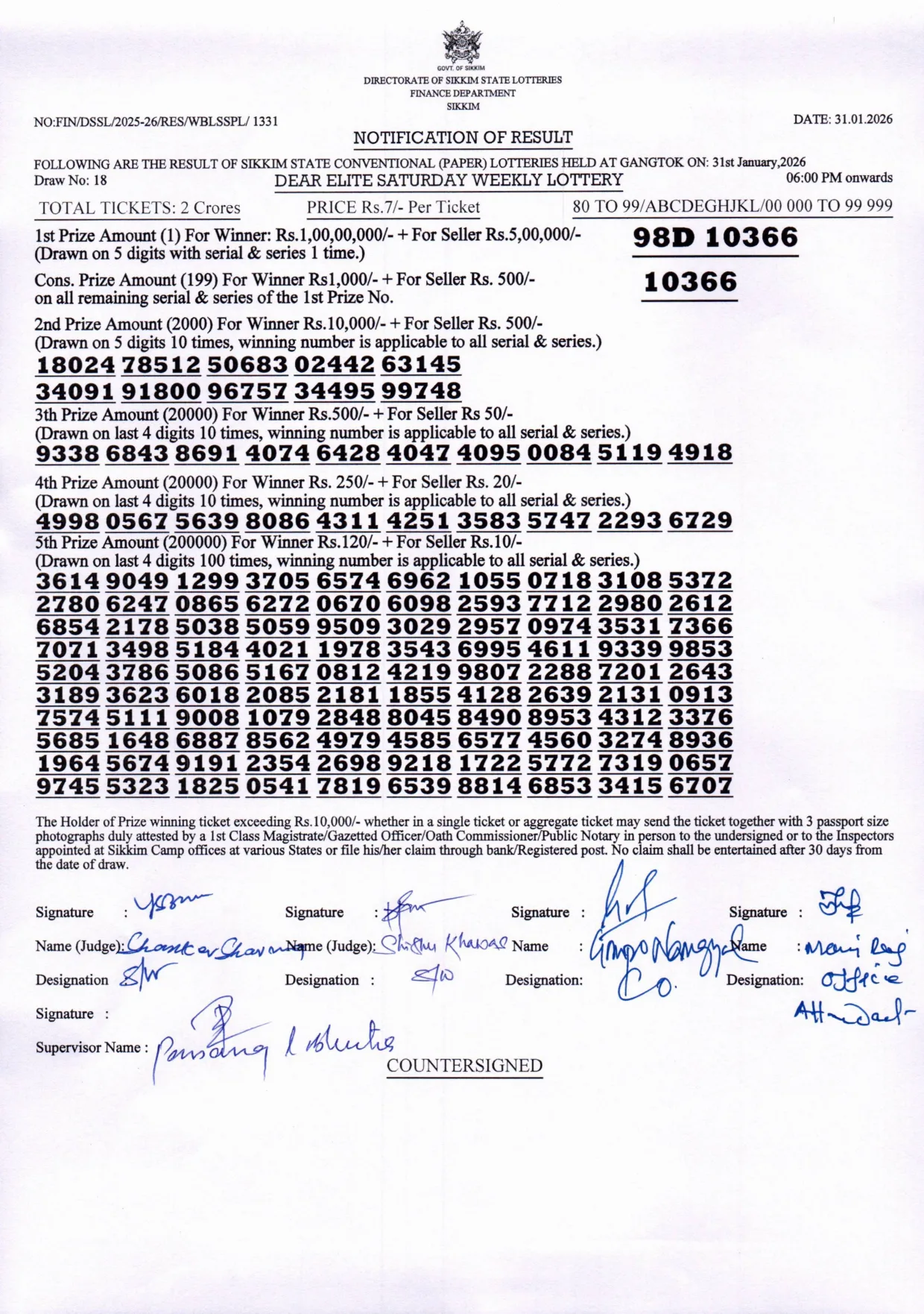 Dear Lottery result 6PM 31.01.2026