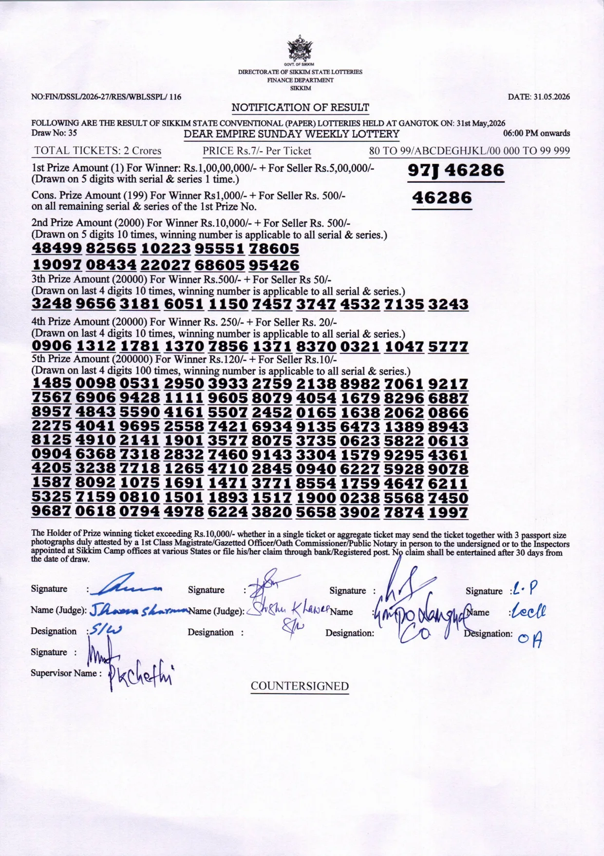 Dear Lottery result 6PM 31.05.2026