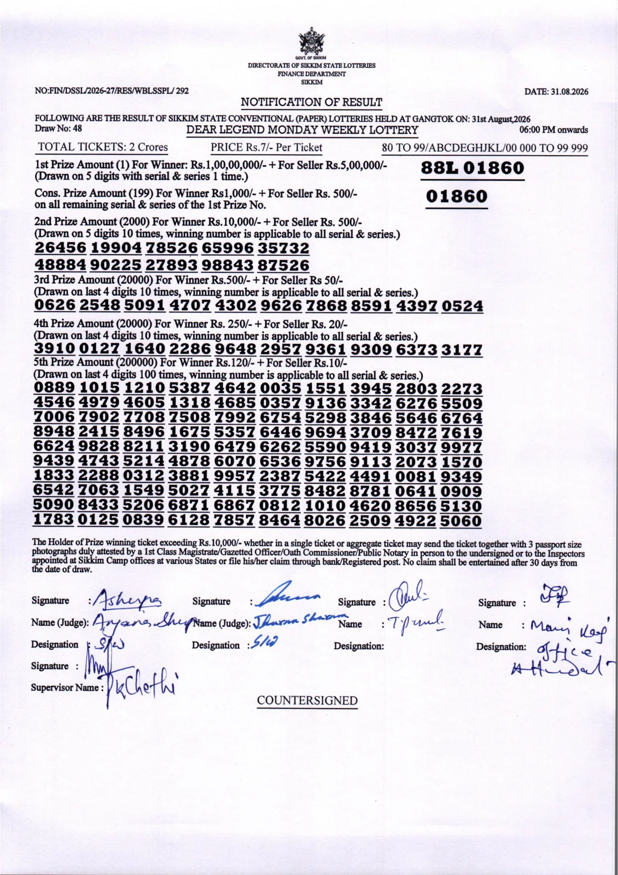 Dear Lottery result 6PM 31.08.2026
