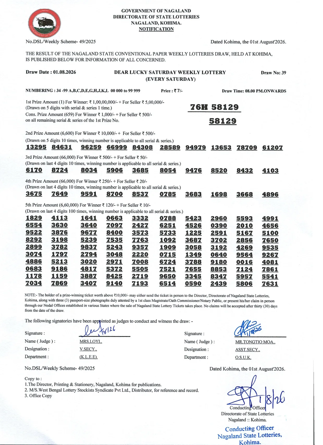 Dear Lottery result 8PM 01.08.2026
