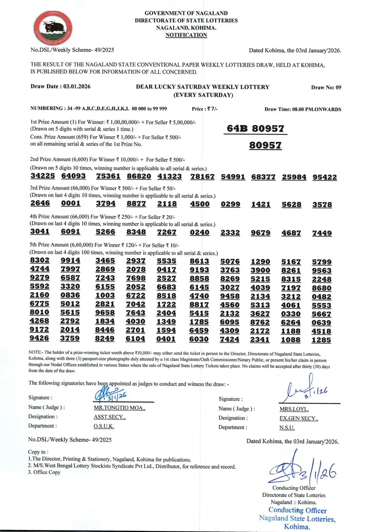 Dear Lottery result 8PM 03.01.2026
