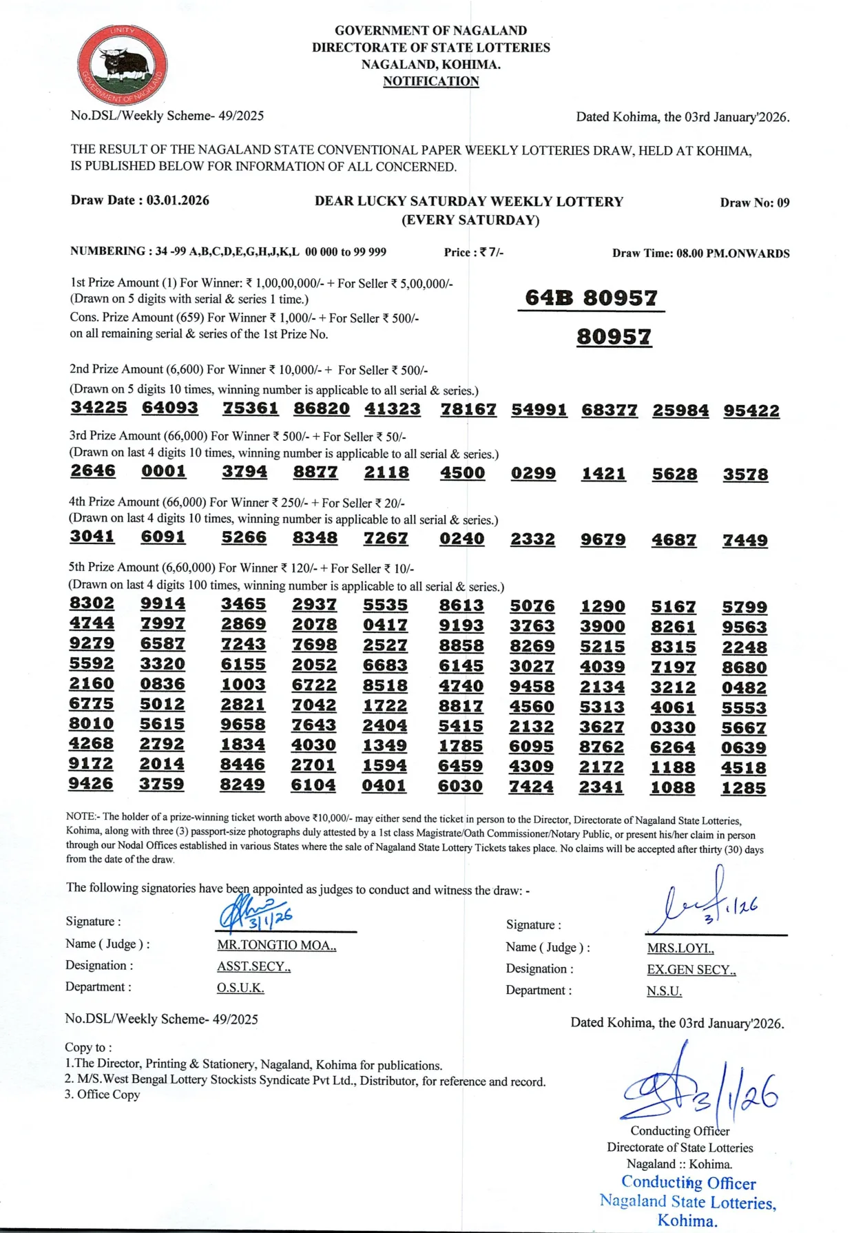 Dear Lottery result 8PM 03.01.2026