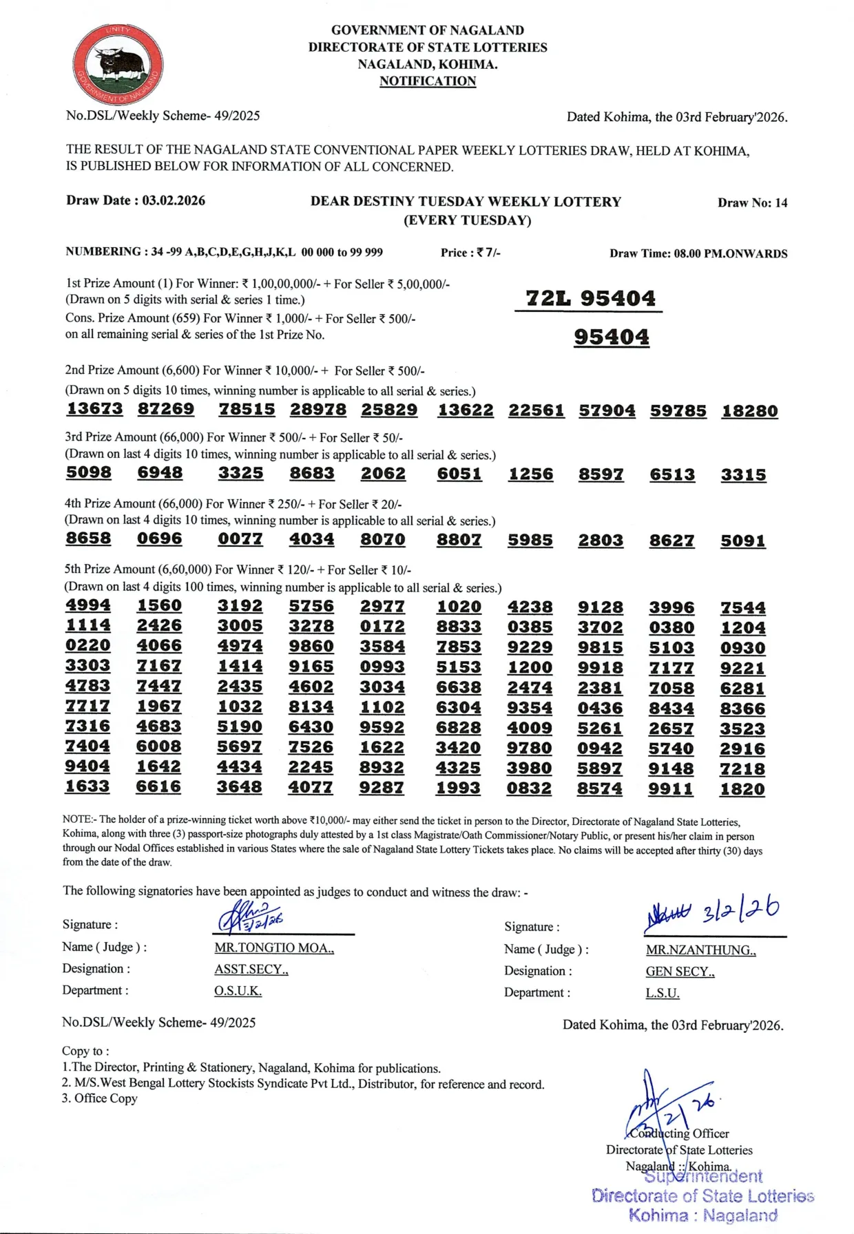 Dear Lottery result 8PM 03.02.2026