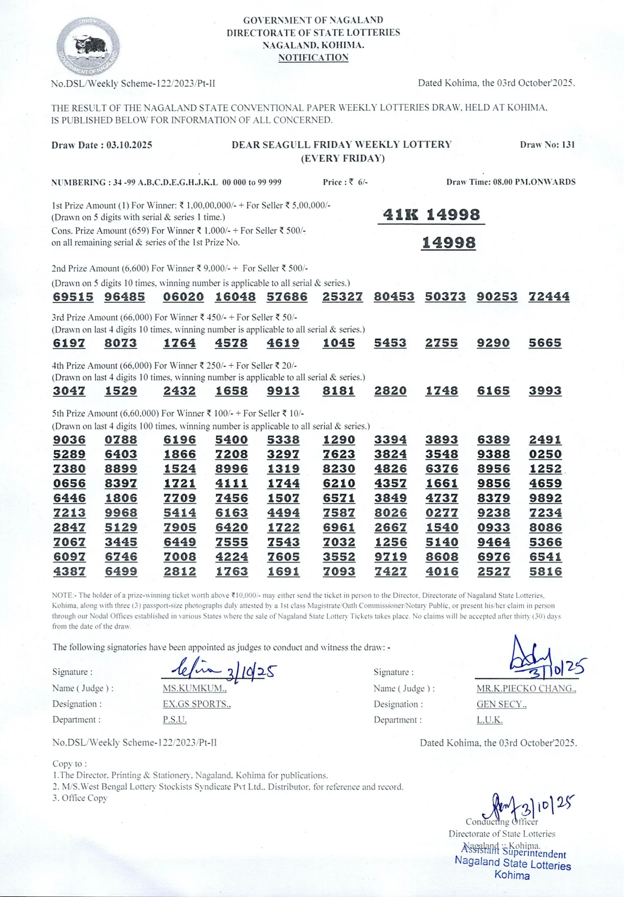 Dear Lottery result 8PM 03.10.2025