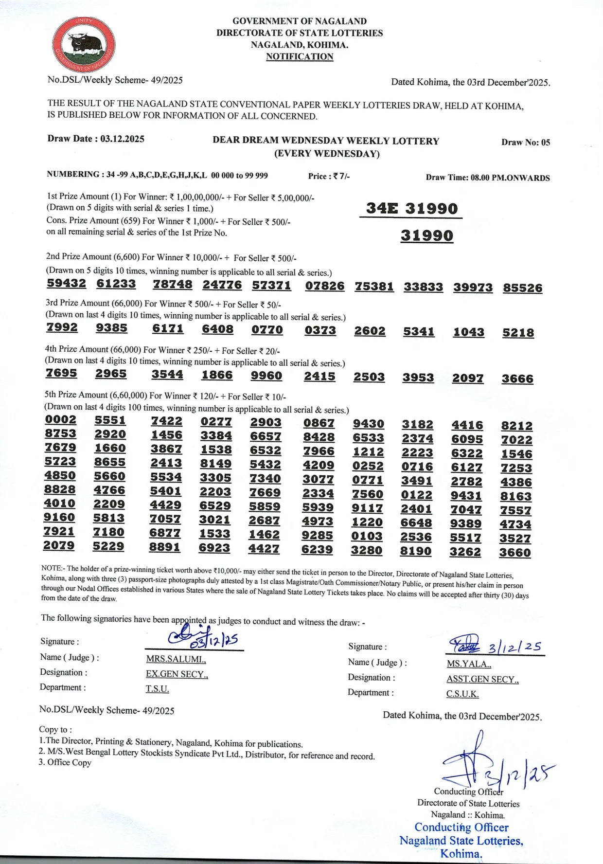 Dear Lottery result 8PM 03.12.2025