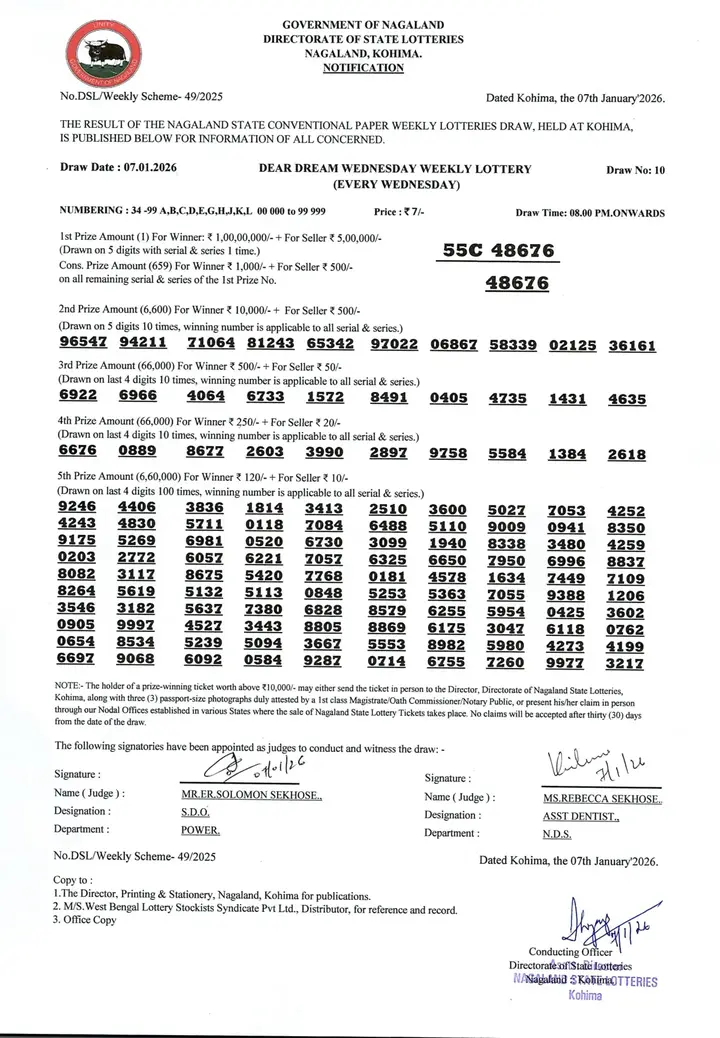 Dear Lottery result 8PM 07.01.2026