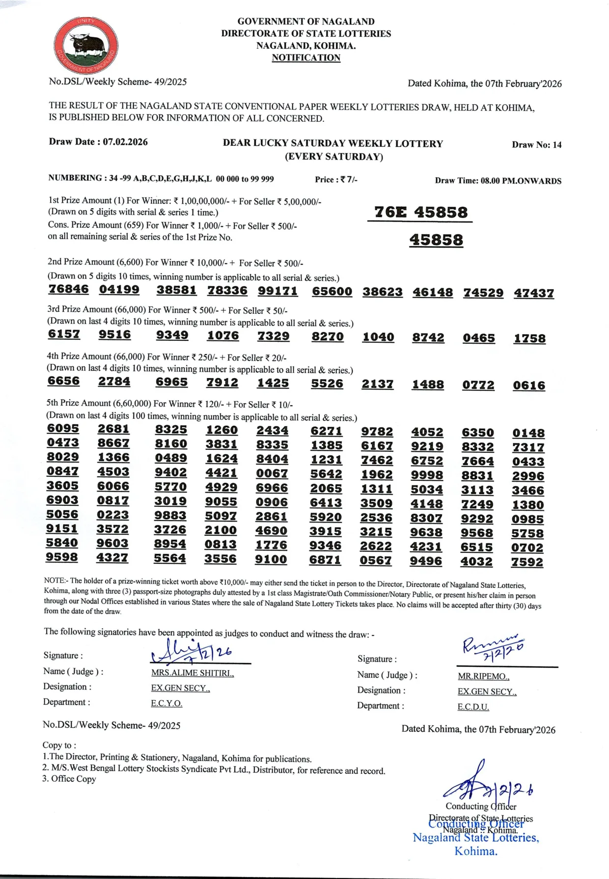 Dear Lottery result 8PM 07.02.2026