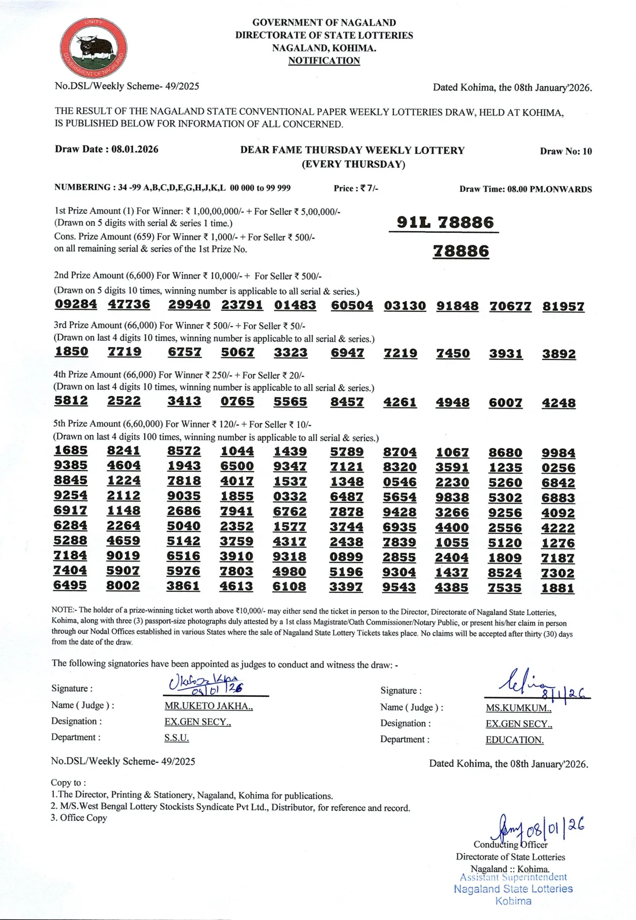 Dear Lottery result 8PM 08.01.2026