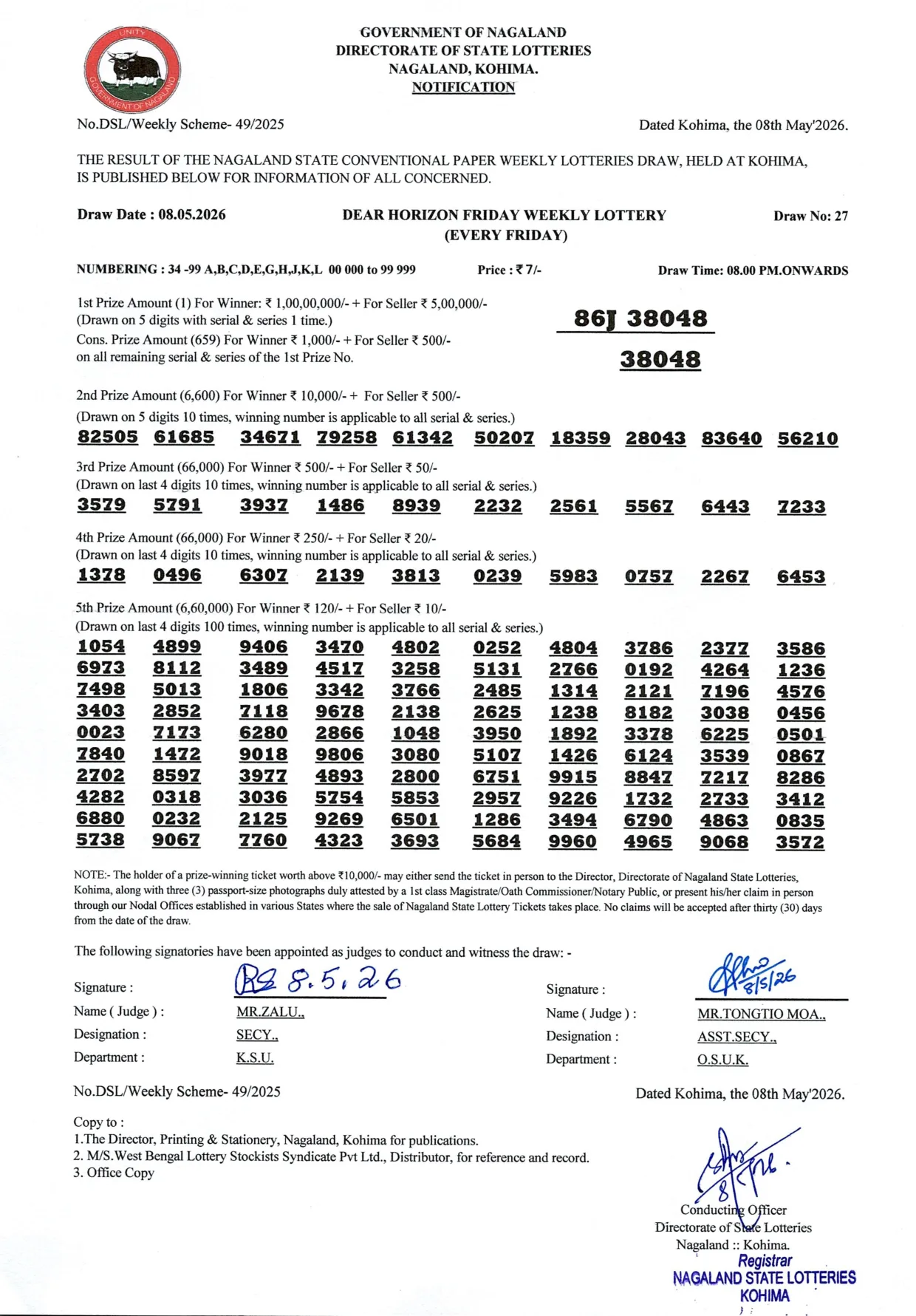 Dear Lottery result 8PM 08.05.2026
