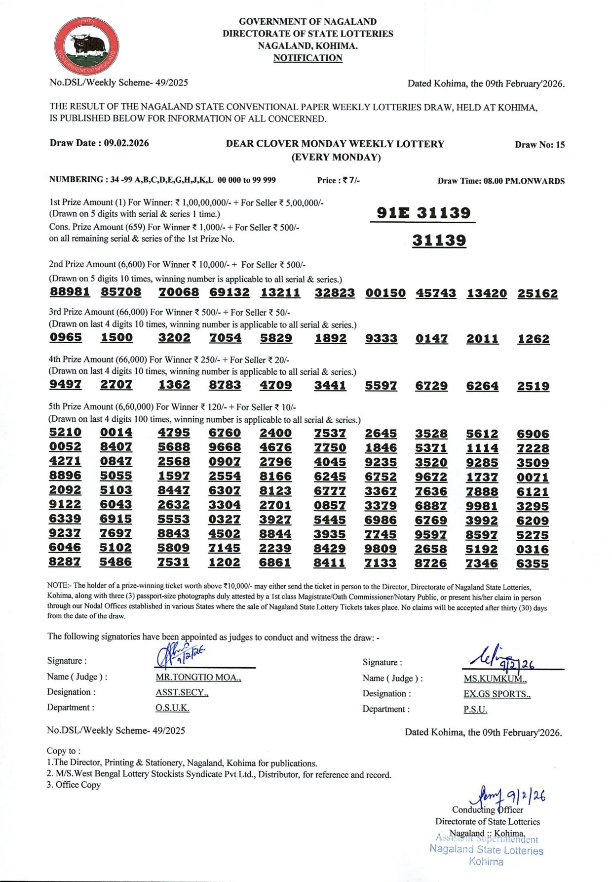 Dear Lottery result 8PM 09.02.2026