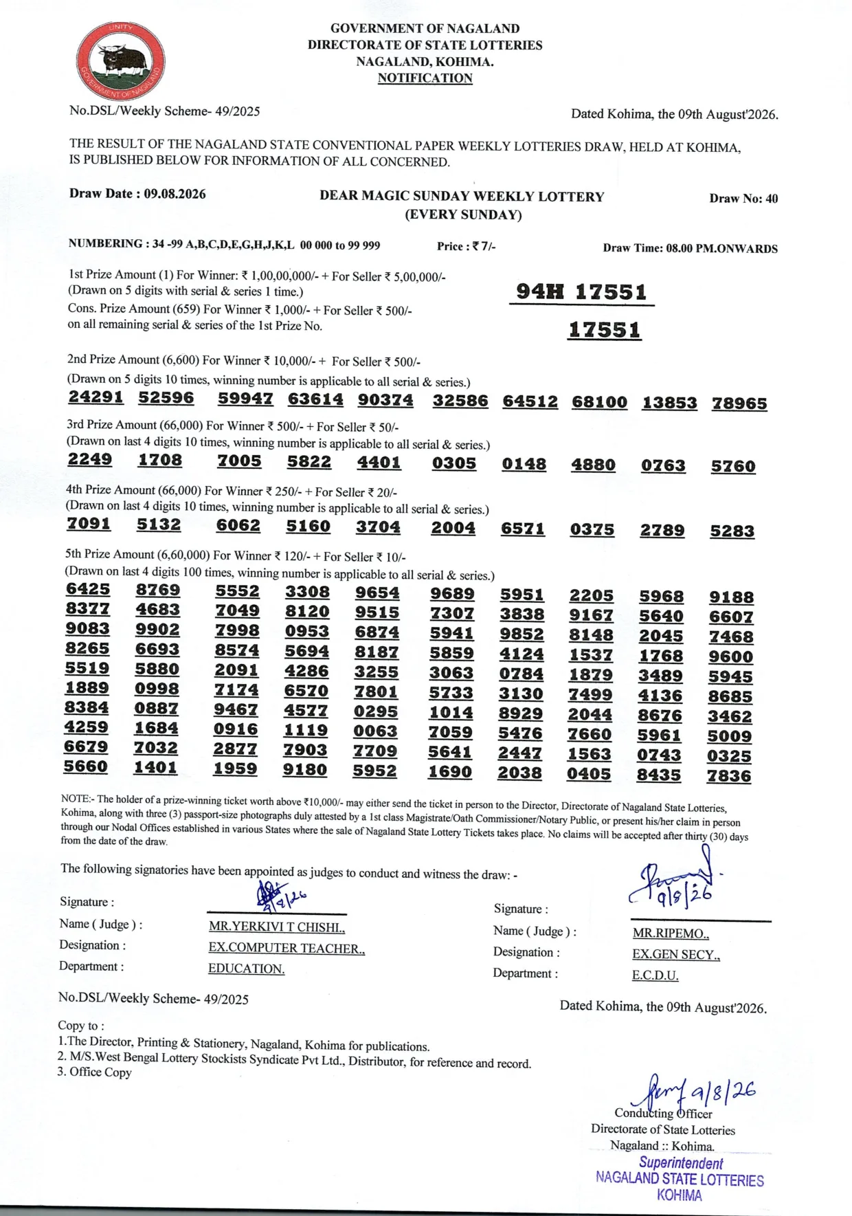 Dear Lottery result 8PM 09.08.2026