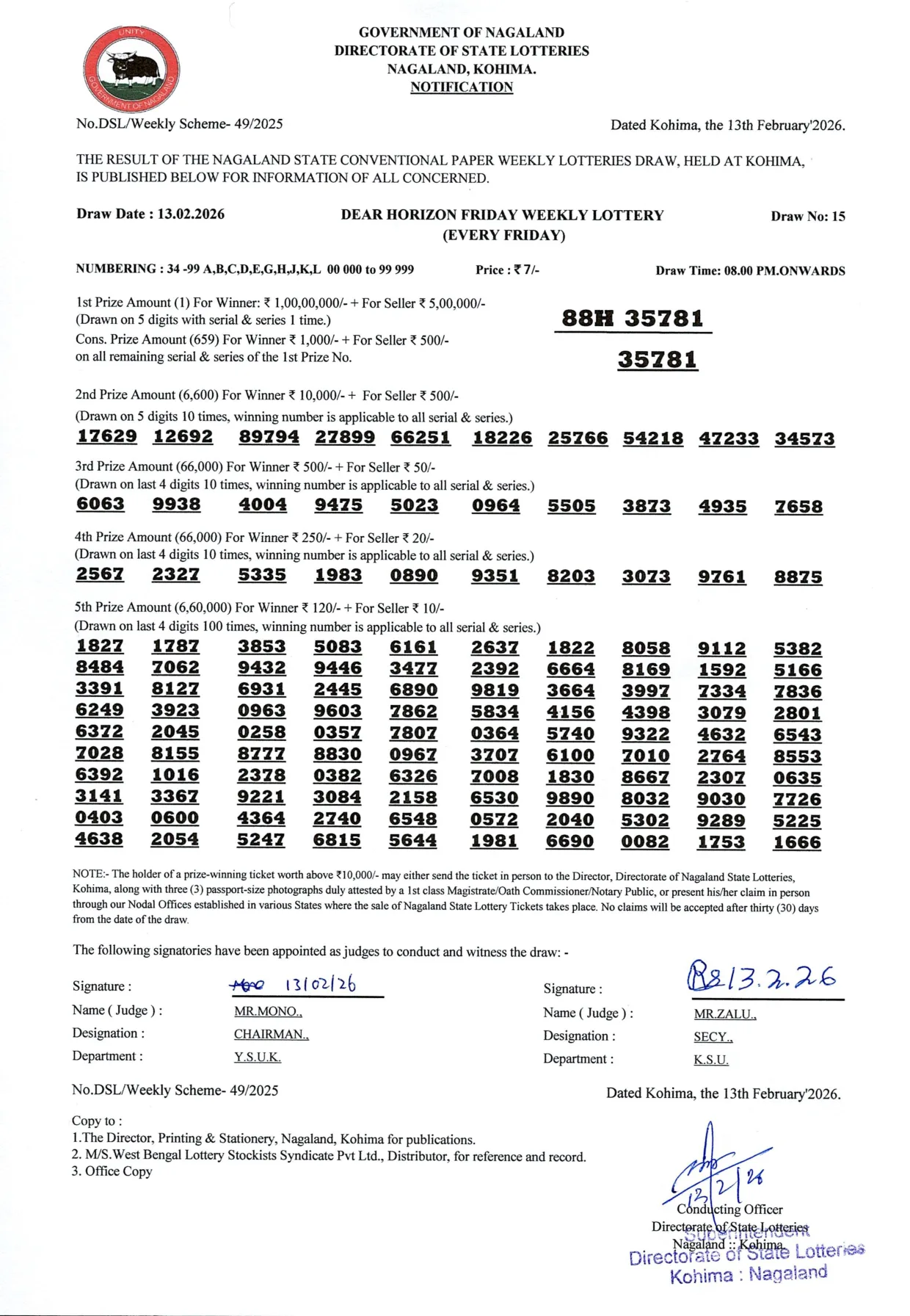 Dear Lottery result 8PM 13.02.2026
