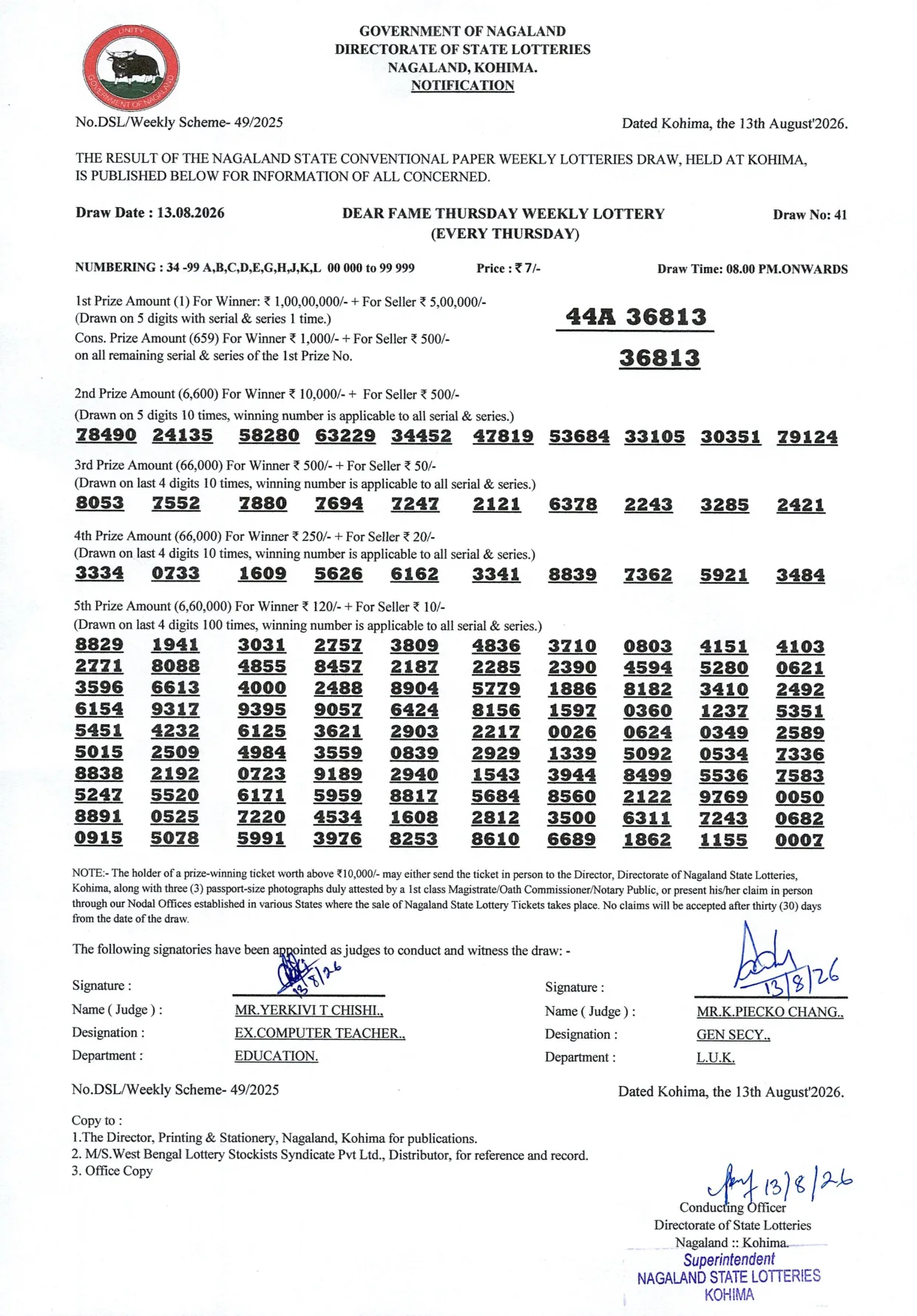 Dear Lottery result 8PM 13.08.2026