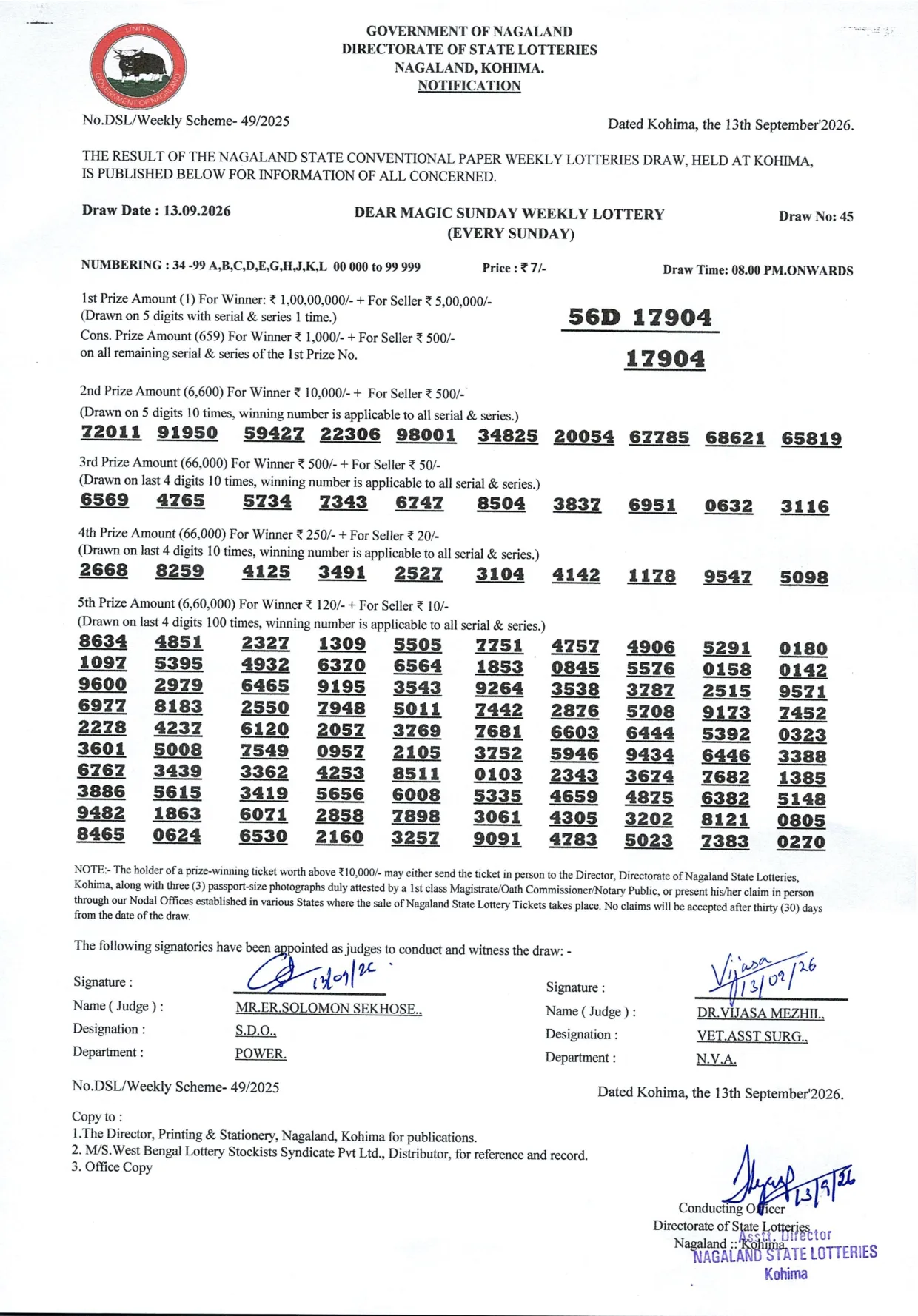Dear Lottery result 8PM 13.09.2026