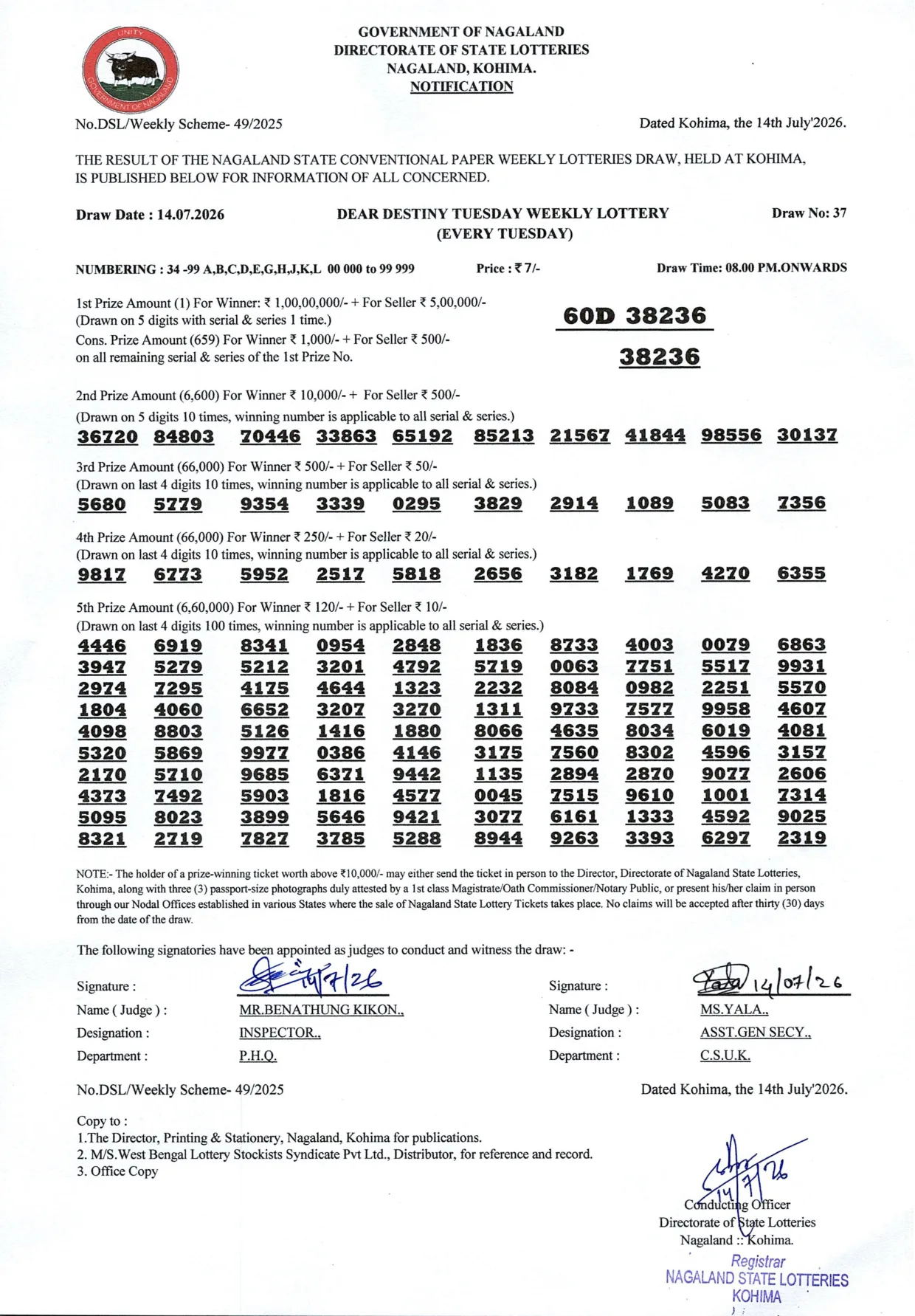 Dear Lottery result 8PM 14.07.2026