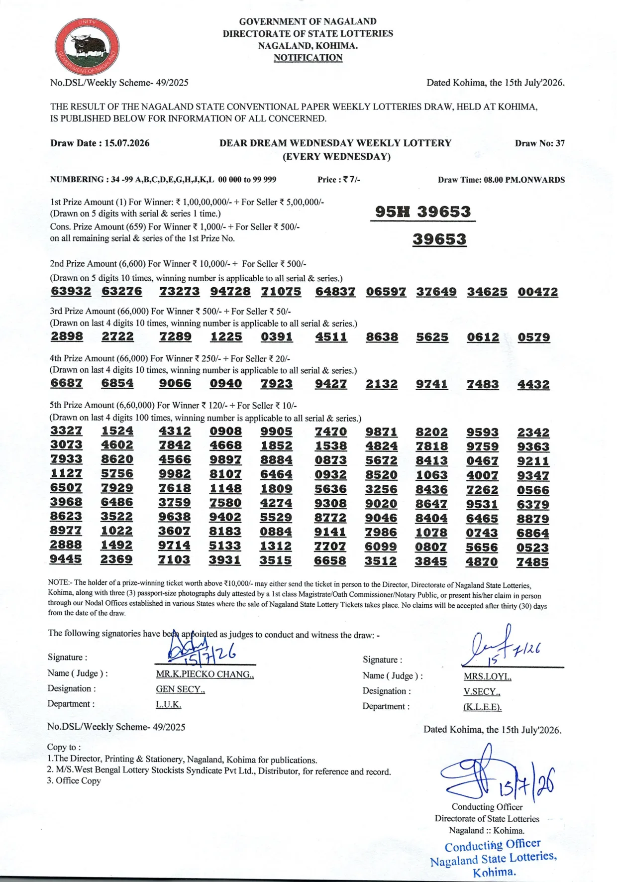 Dear Lottery result 8PM 15.07.2026