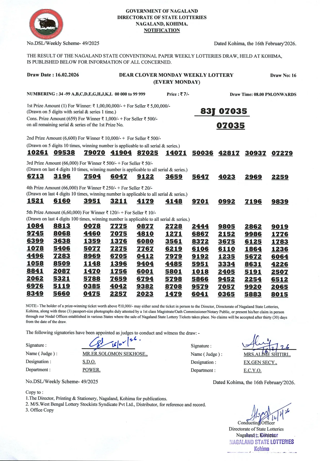 Dear Lottery result 8PM 16.02.2026