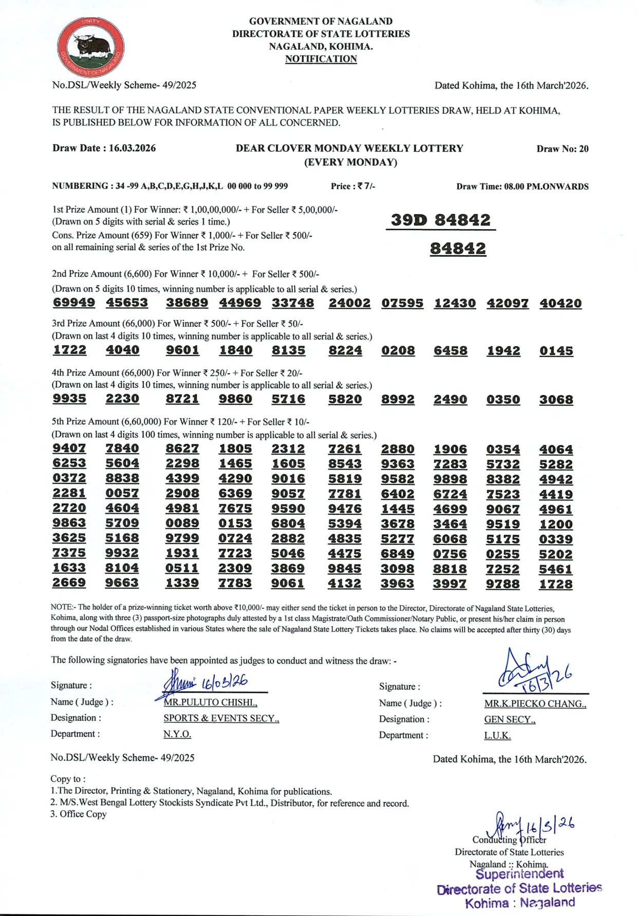 Dear Lottery result 8PM 16.03.2026