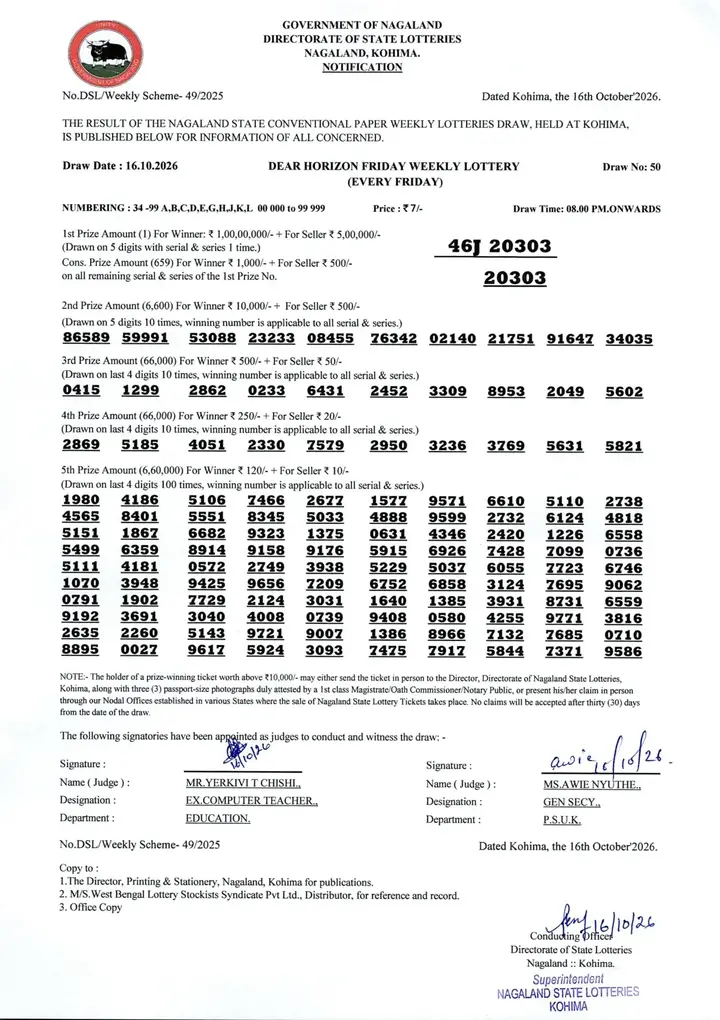 Dear Lottery result 8PM 16.10.2026