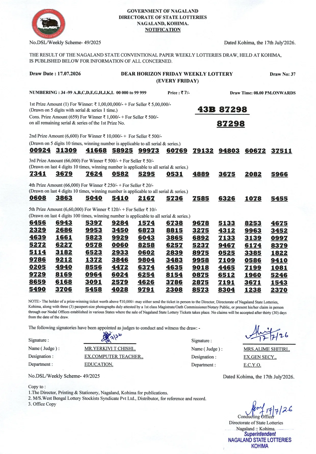 Dear Lottery result 8PM 17.07.2026