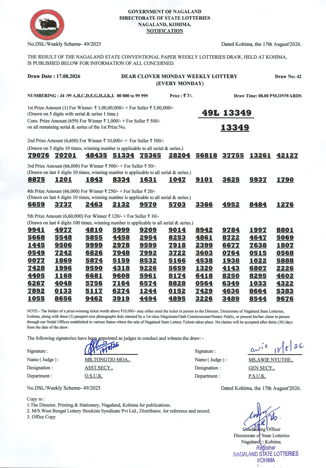 Dear Lottery result 8PM 17.08.2026