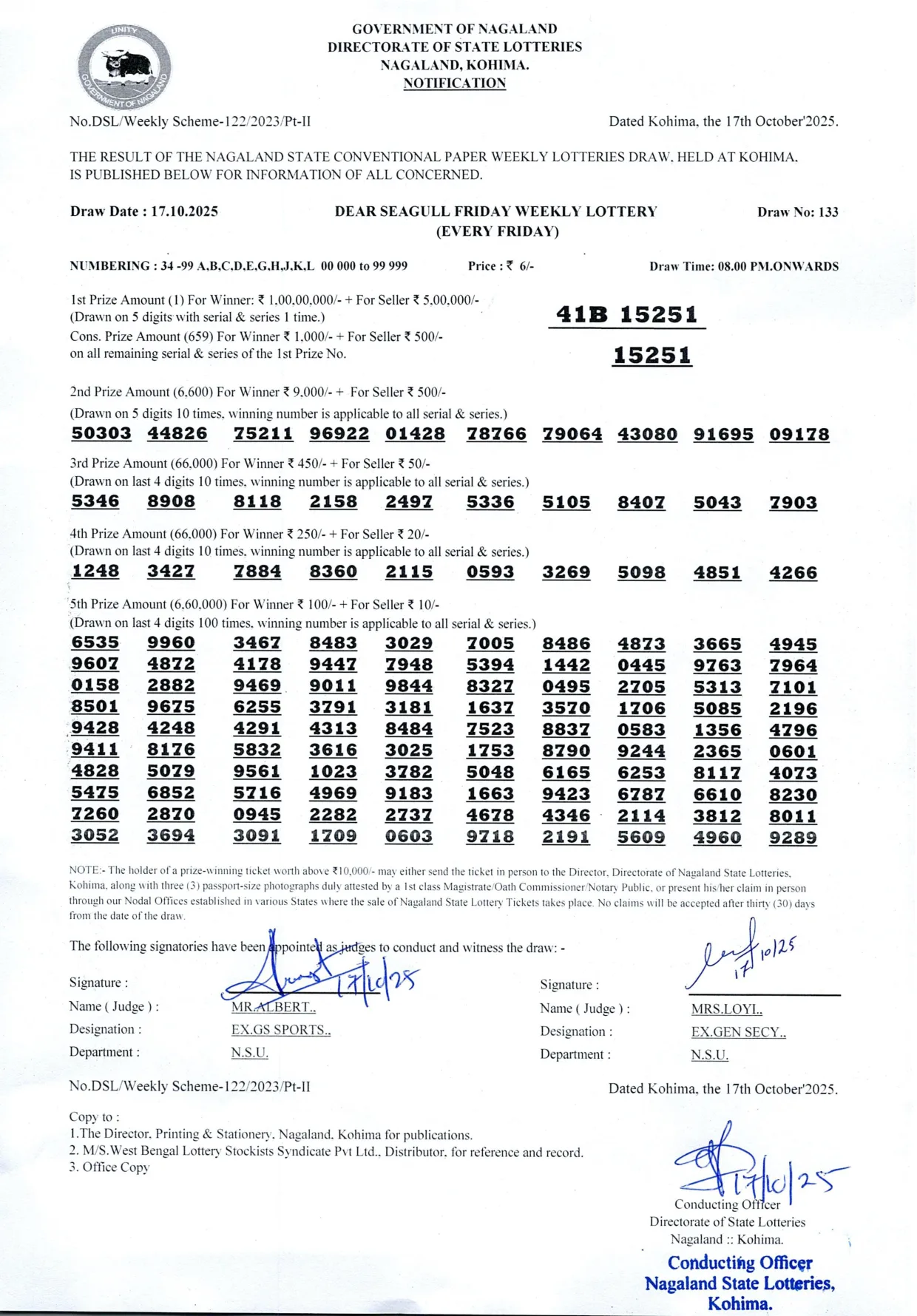 Dear Lottery result 8PM 17.10.2025
