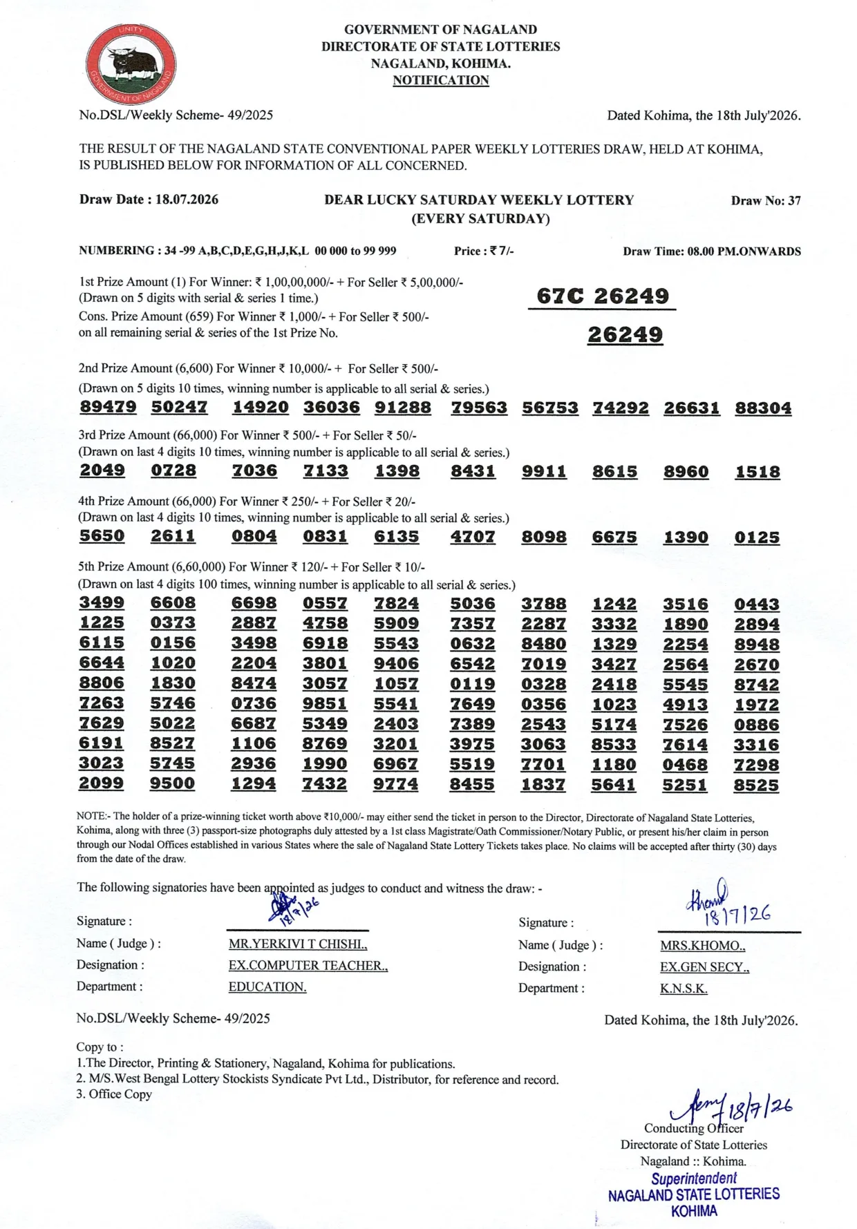 Dear Lottery result 8PM 18.07.2026