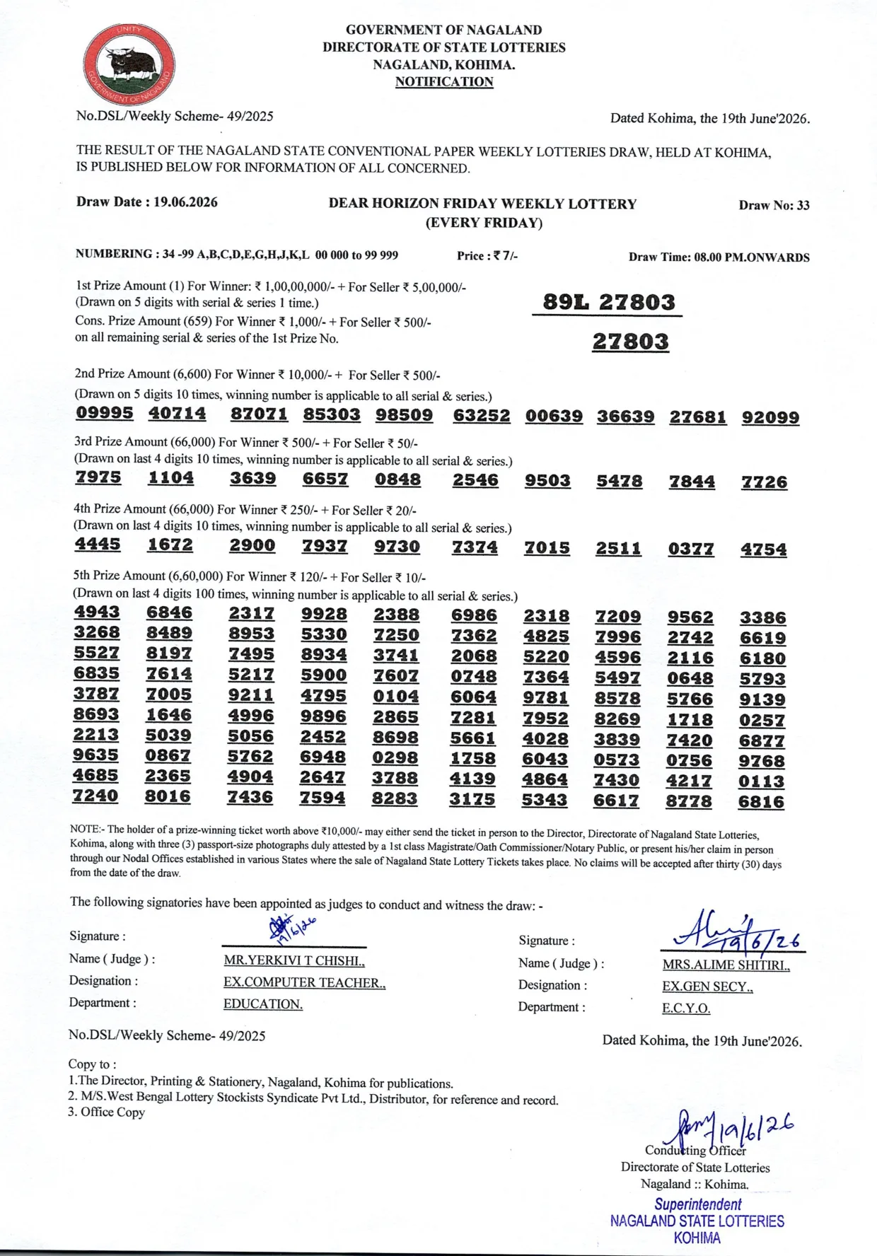 Dear Lottery result 8PM 19.06.2026