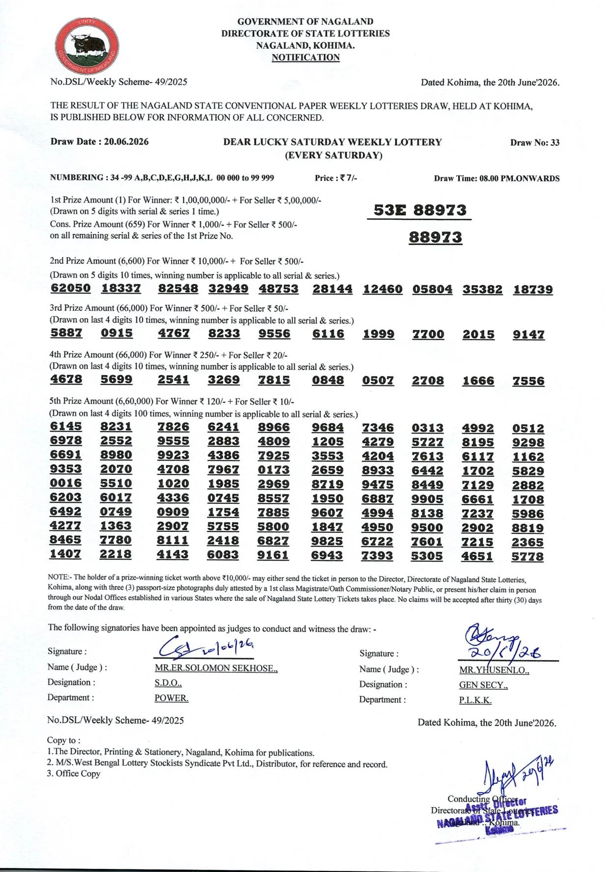 Dear Lottery result 8PM 20.06.2026