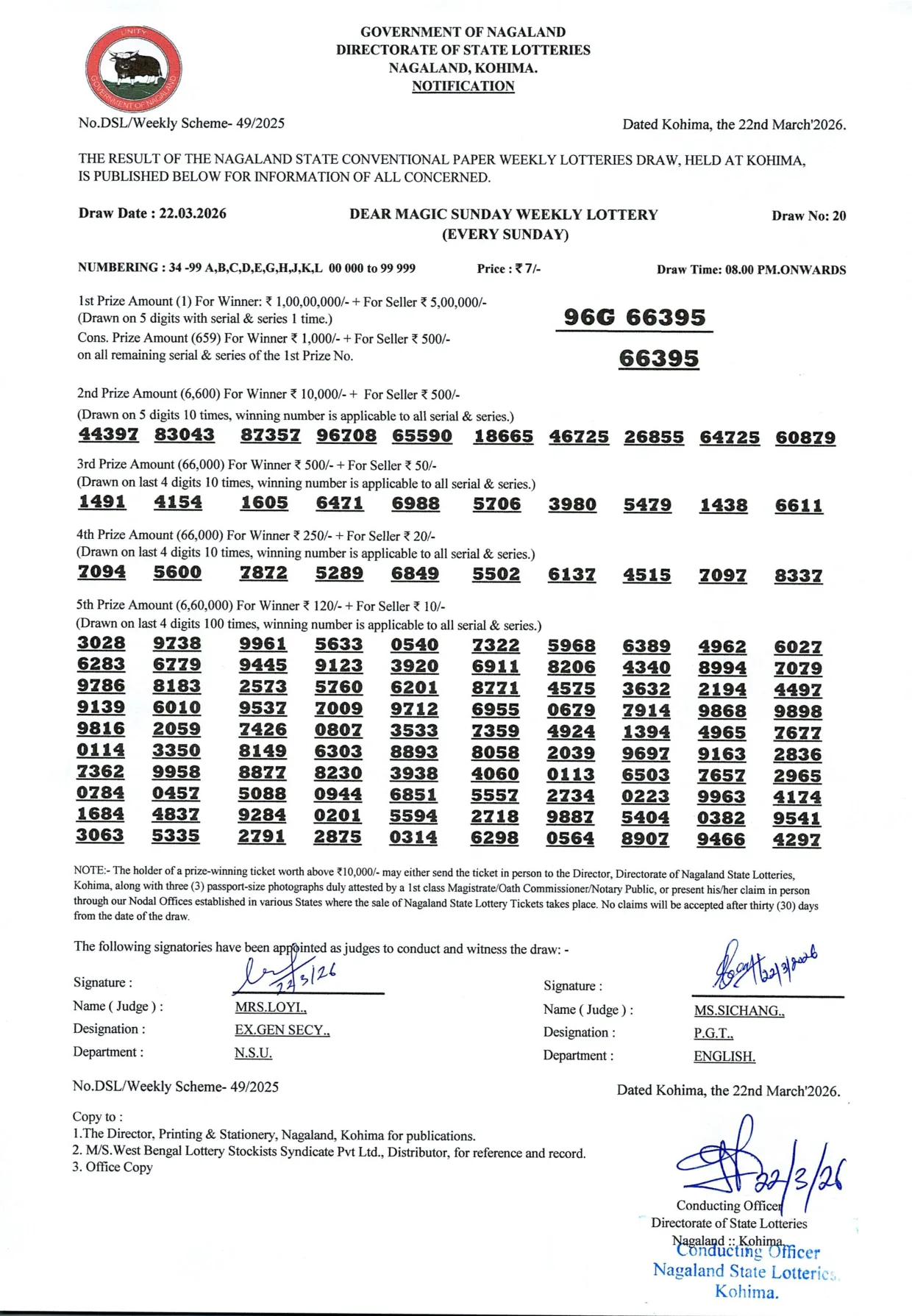 Dear Lottery result 8PM 22.03.2026