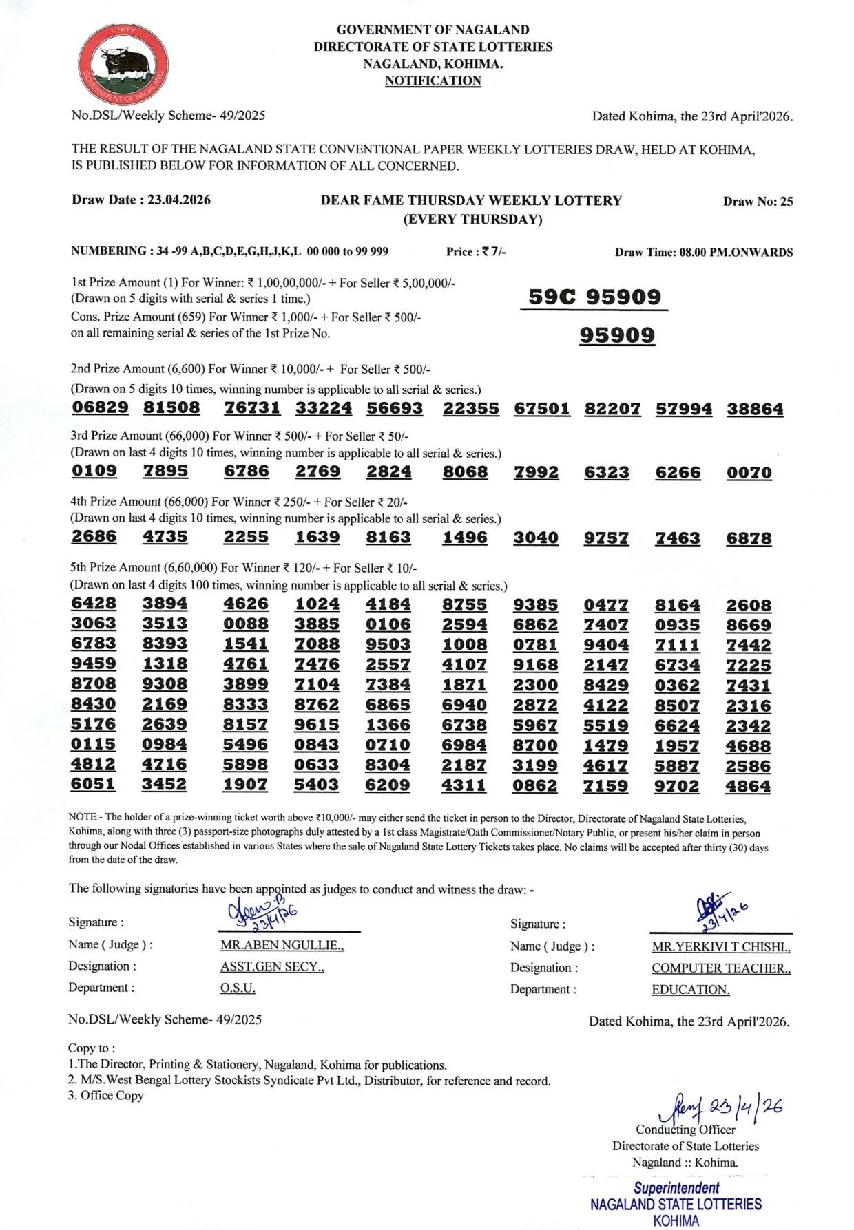 Dear Lottery result 8PM 23.04.2026