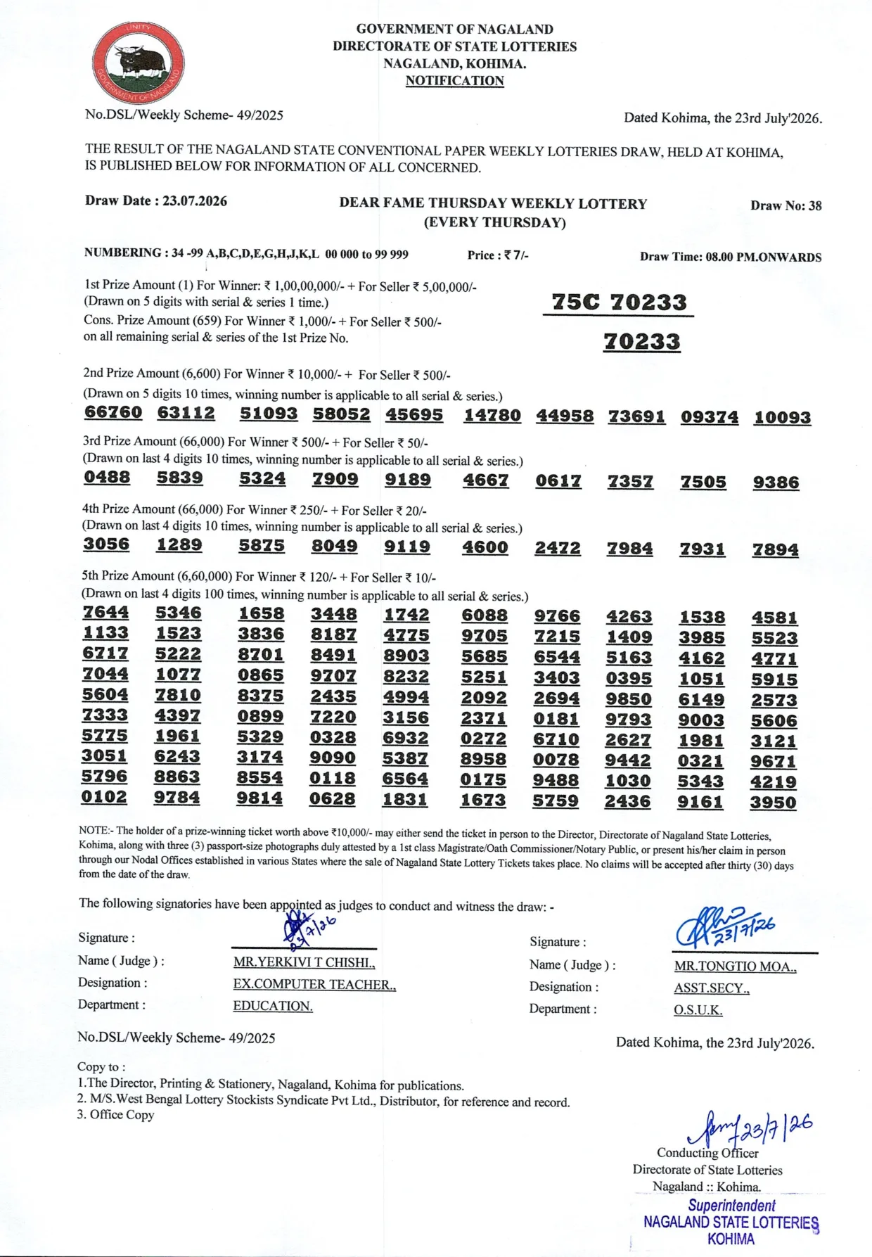 Dear Lottery result 8PM 23.07.2026