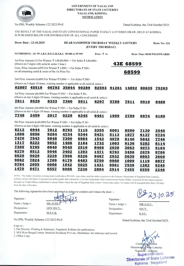 Dear Lottery result 8PM 23.10.2025