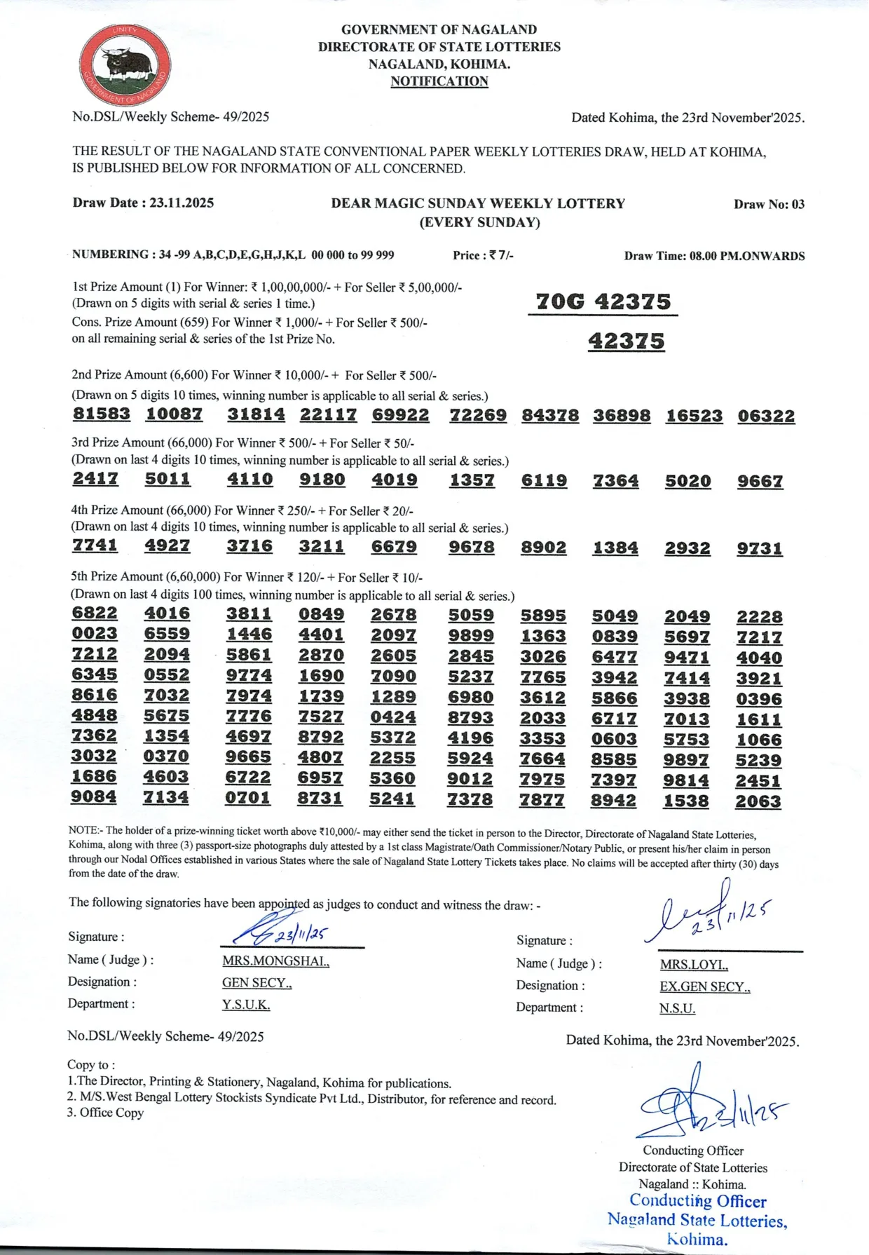 Dear Lottery result 8PM 23.11.2025