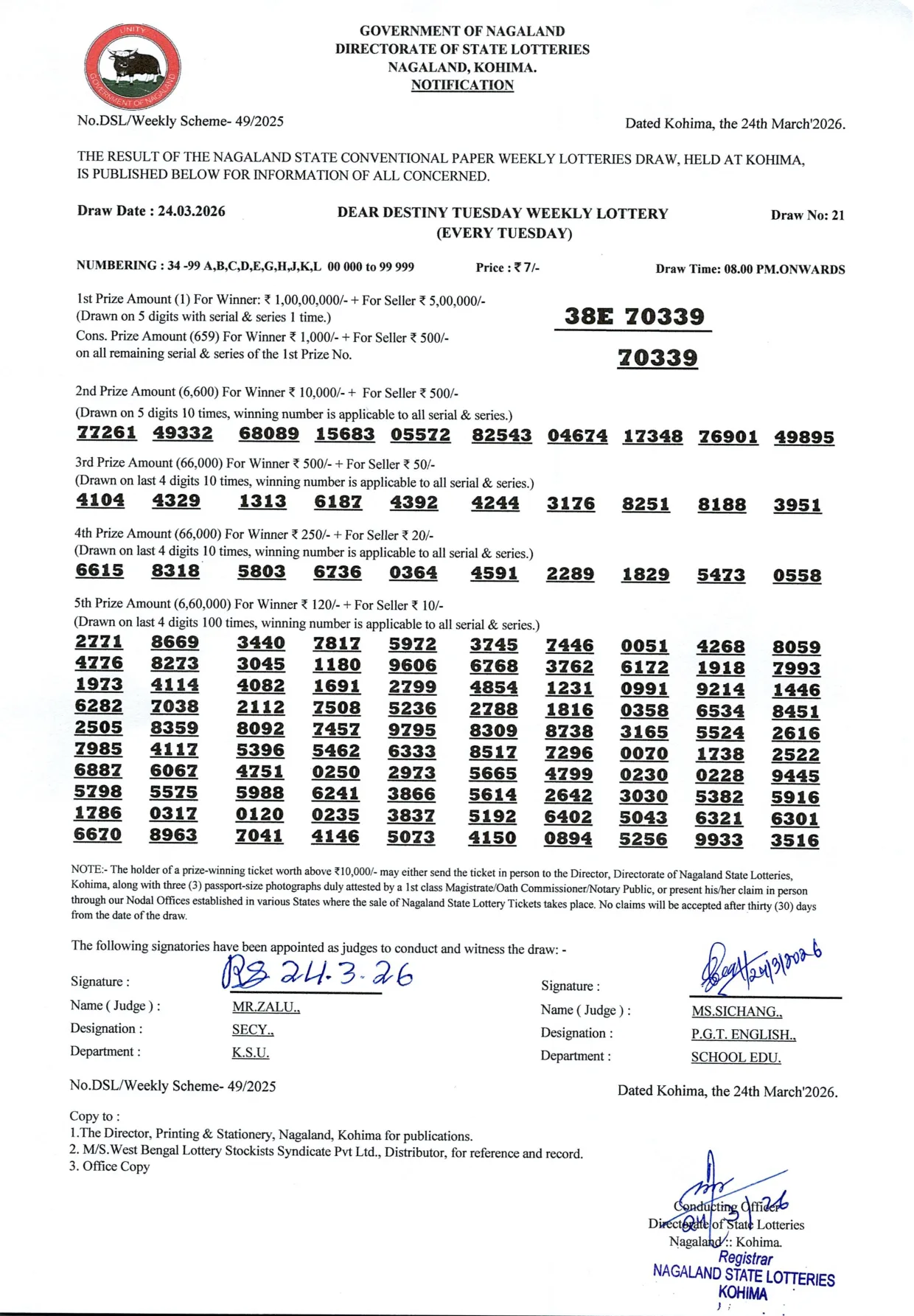 Dear Lottery result 8PM 24.03.2026