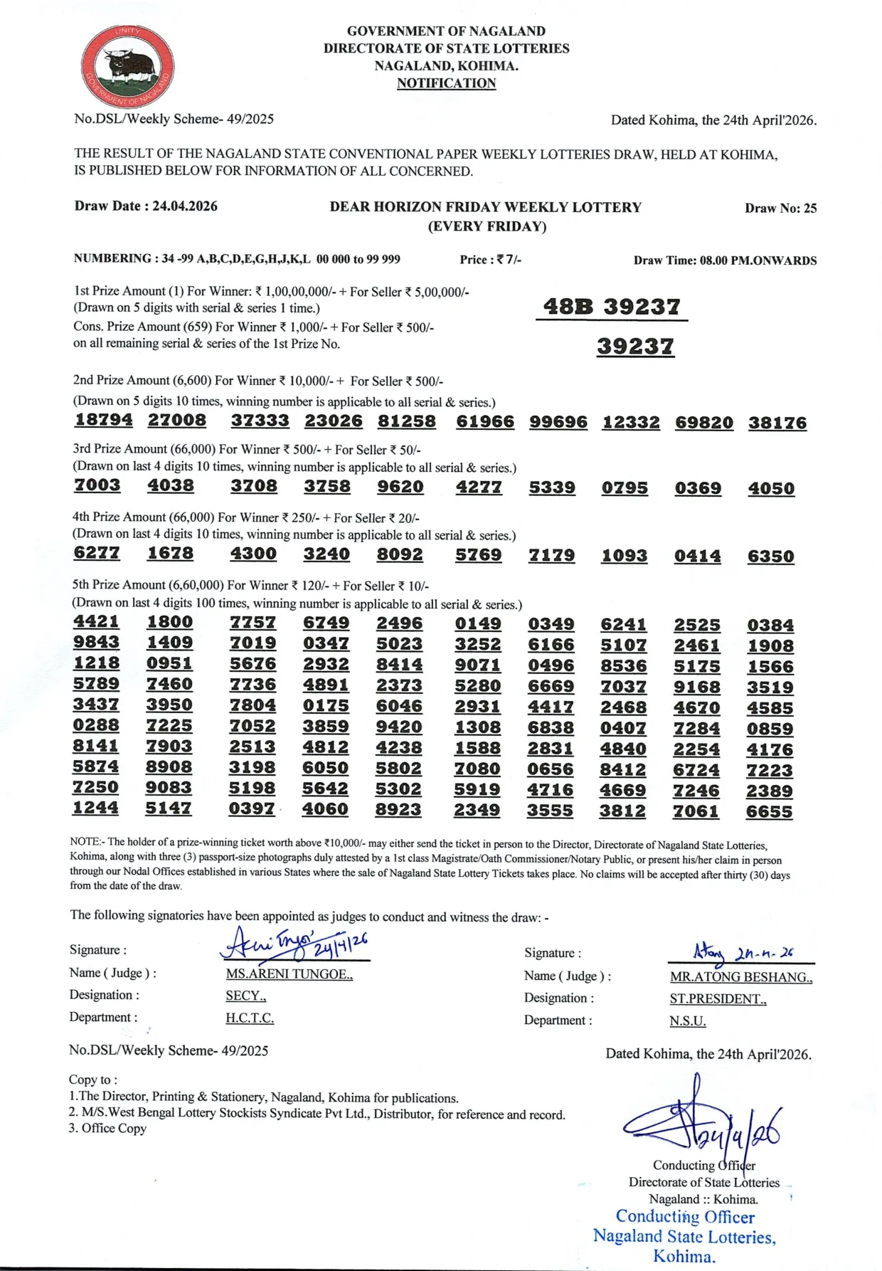 Dear Lottery result 8PM 24.04.2026