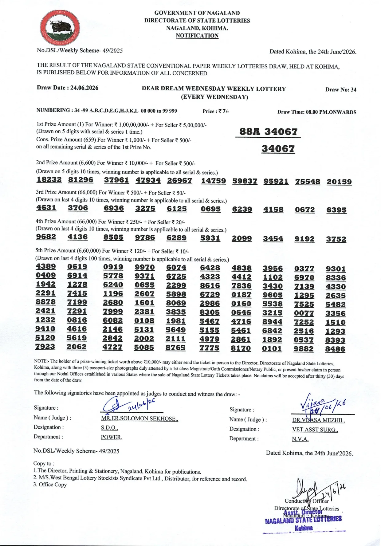 Dear Lottery result 8PM 24.06.2026