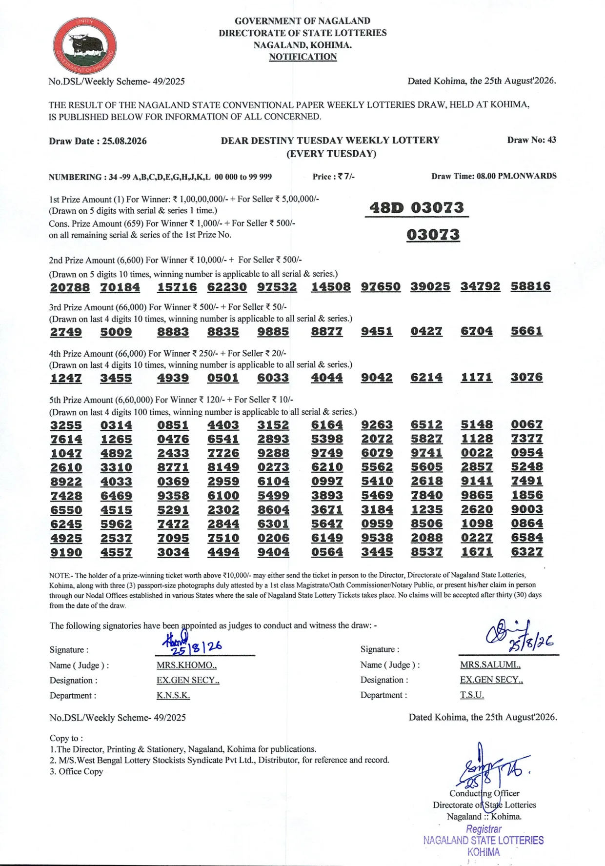 Dear Lottery result 8PM 25.08.2026