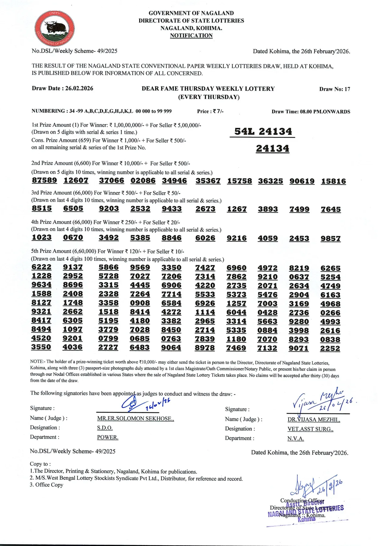 Dear Lottery result 8PM 26.02.2026