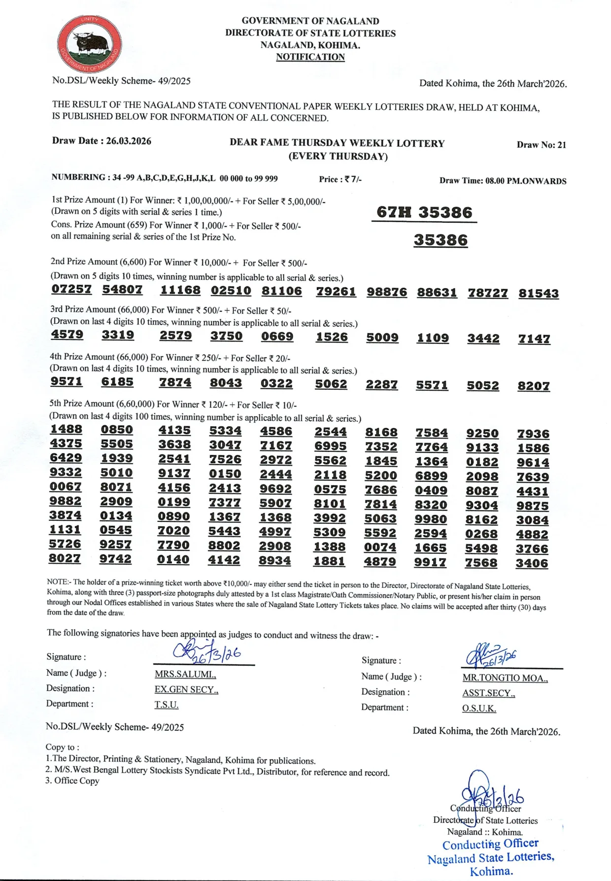Dear Lottery result 8PM 26.03.2026