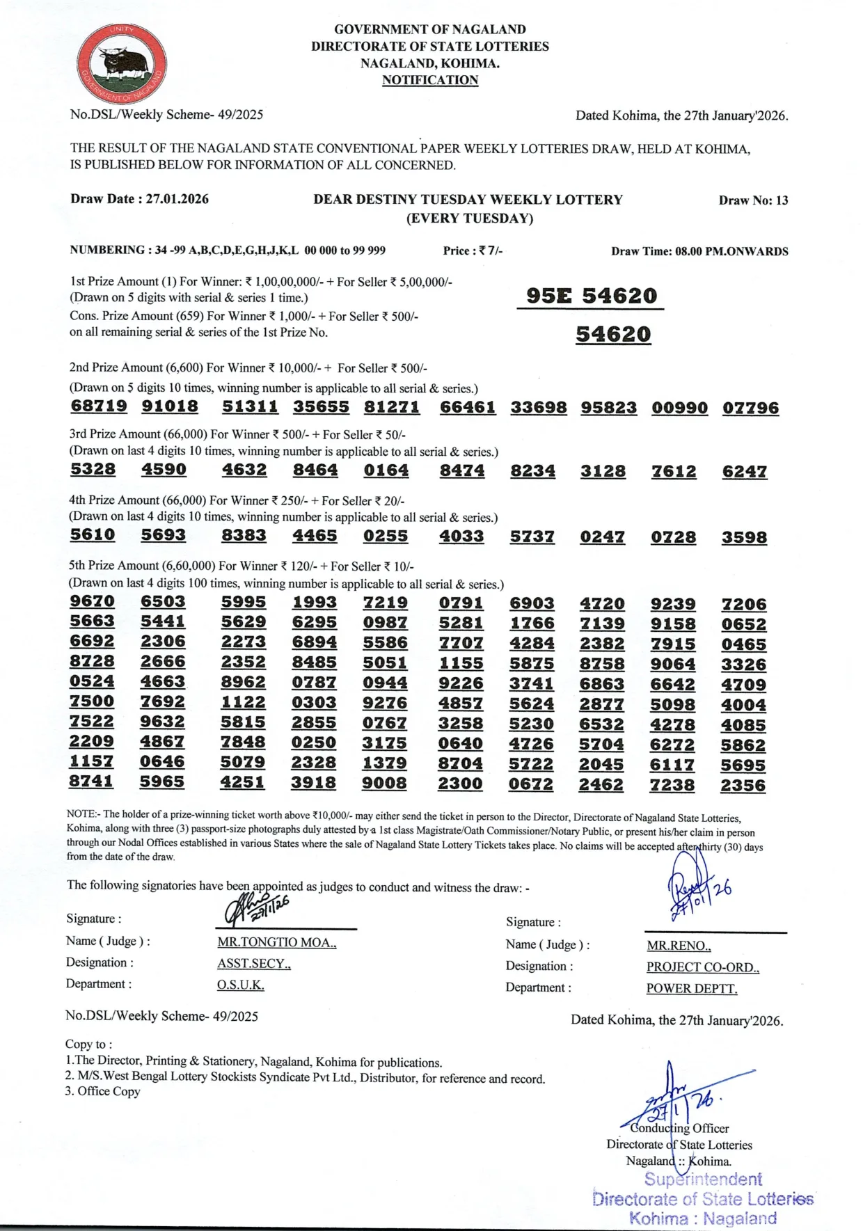 Dear Lottery result 8PM 27.01.2026